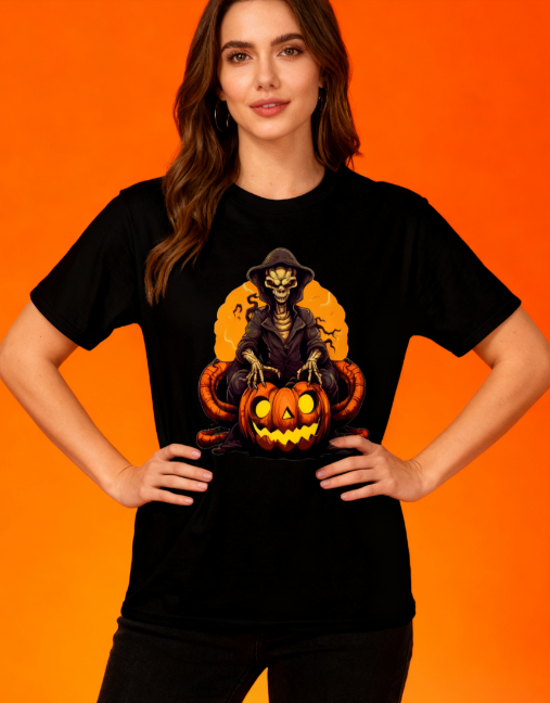 Halloween Skeleton Pumpkin Graphic T-Shirt - 100% Cotton, Versatile for Halloween & Casual Occasions. With a one-of-a-kind skeleton and pumpkin design you won't find anywhere else, get ready to be the star of the haunted night!