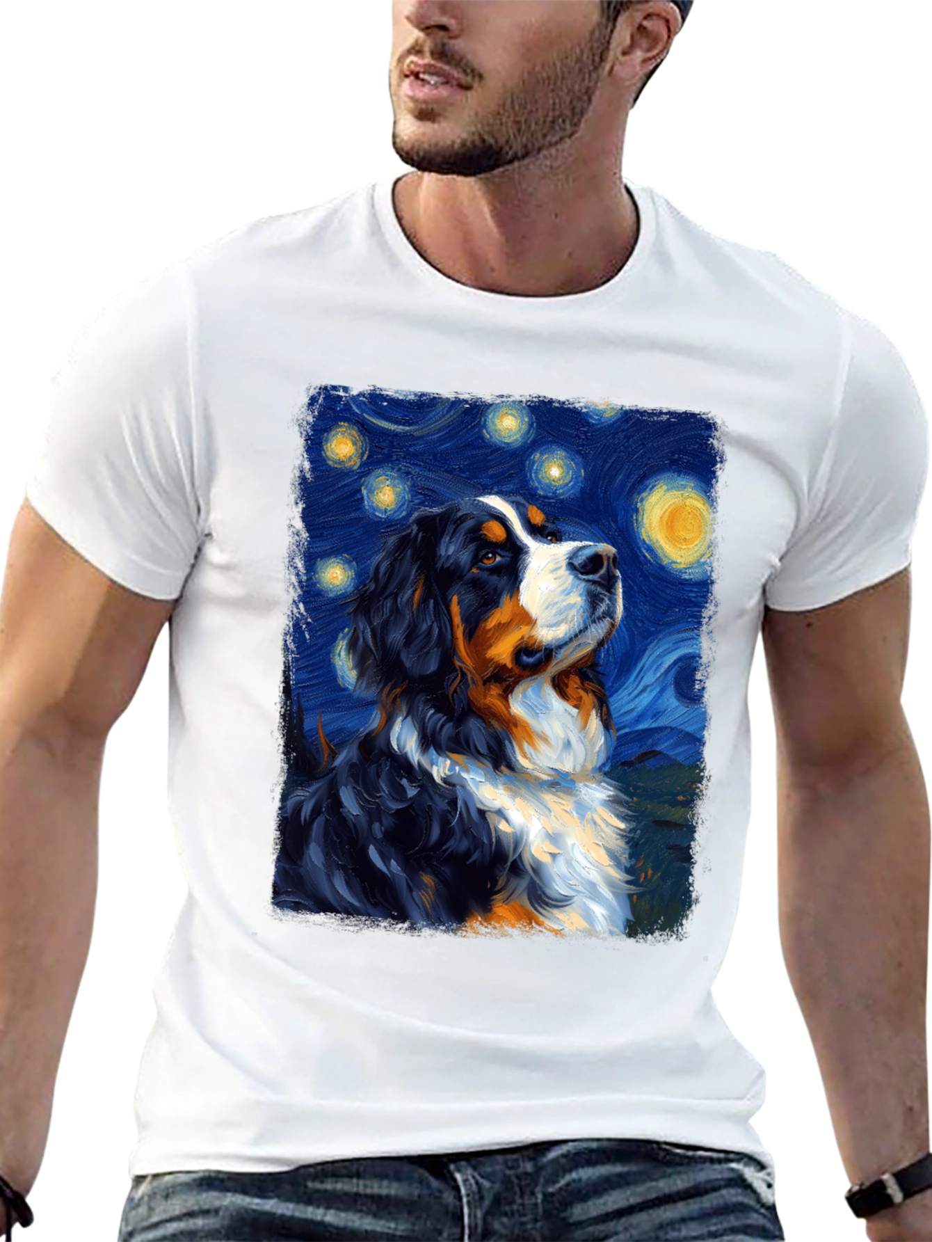 Starry Night Dog T-Shirt - Bernese Mountain Dog Art