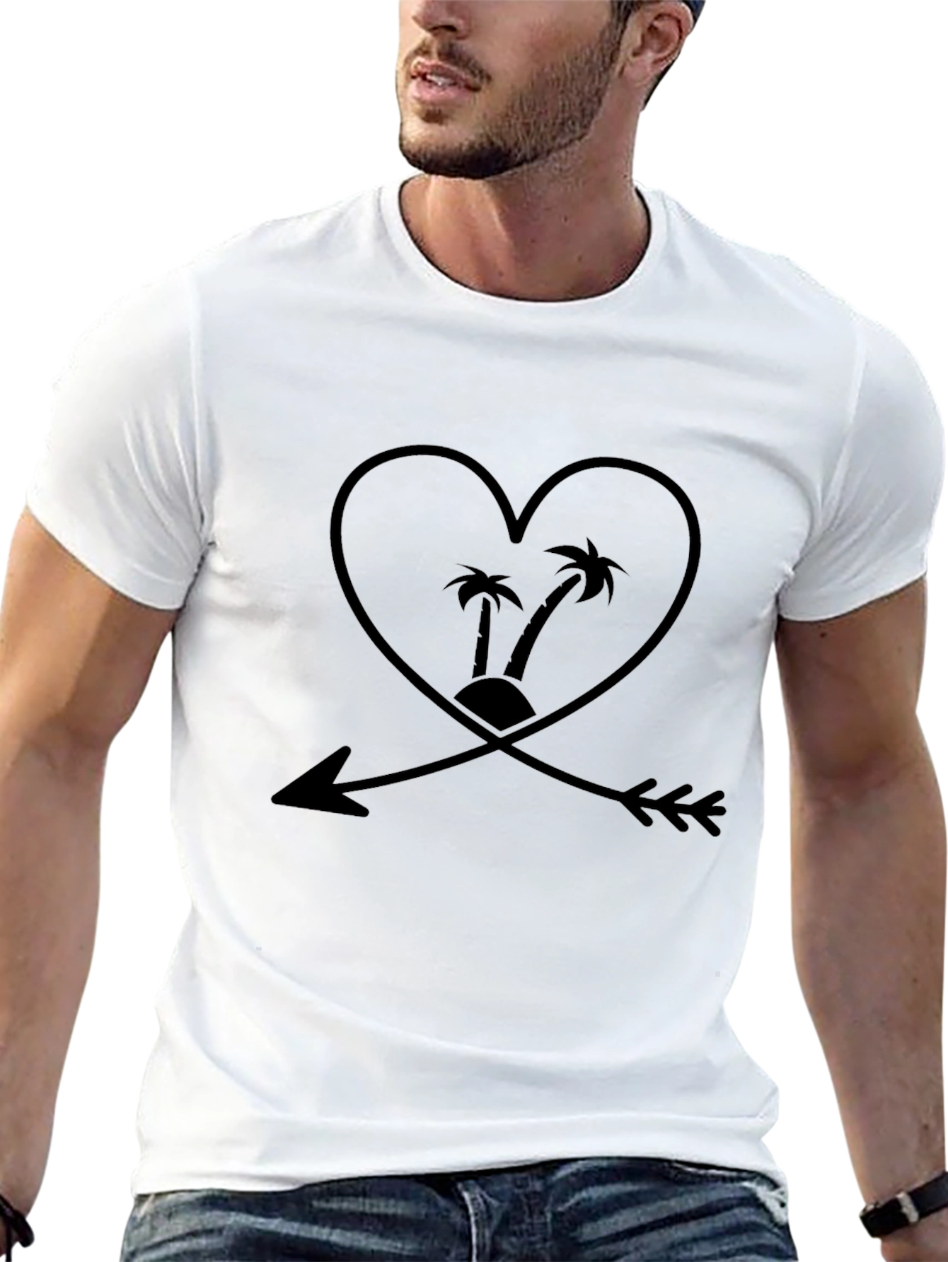 Black T-Shirt with Heart and Arrow Palm Tree Graphic