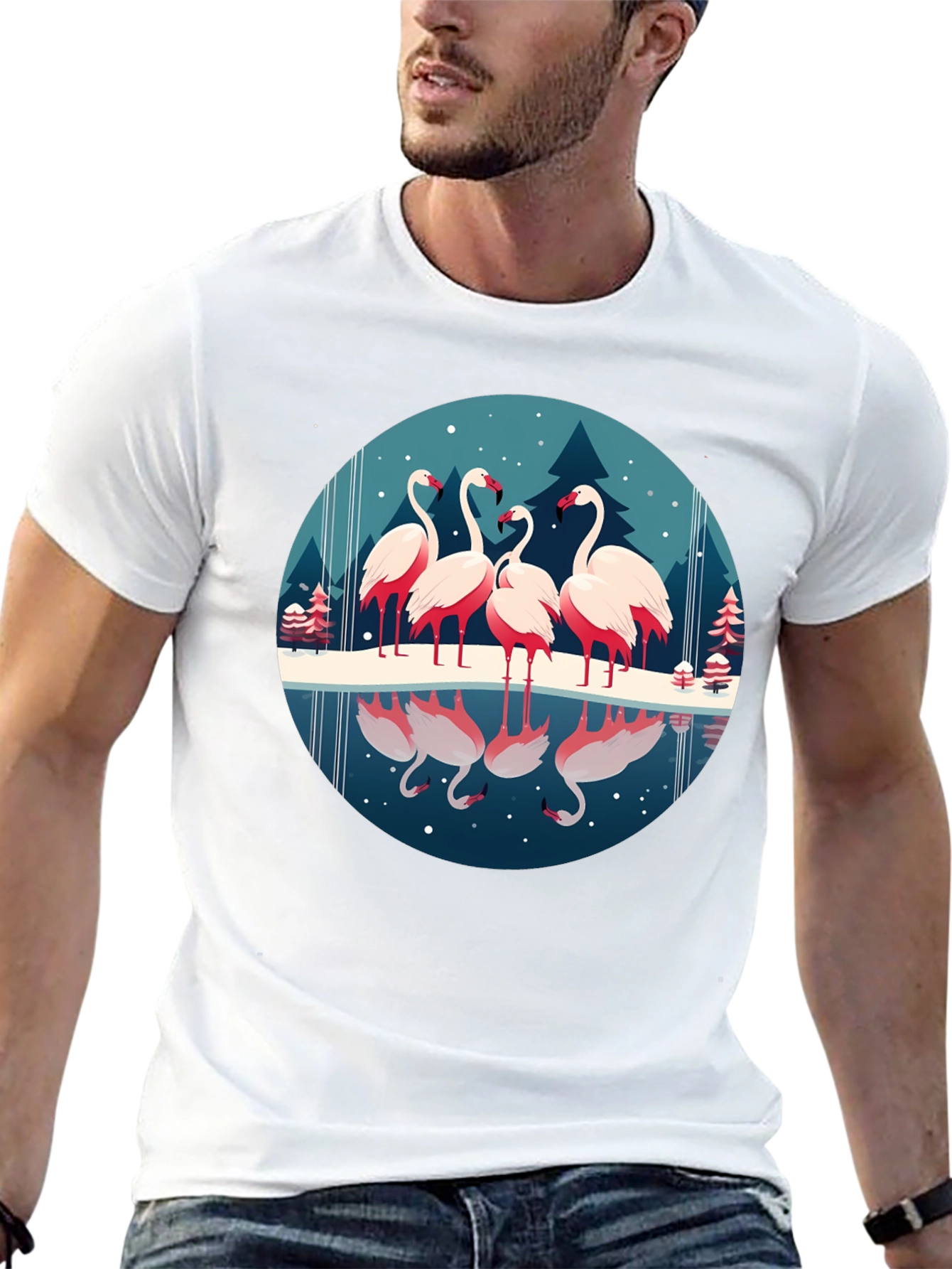 Flamingo Winter Scene Graphic Tee - Soft Black Shirt