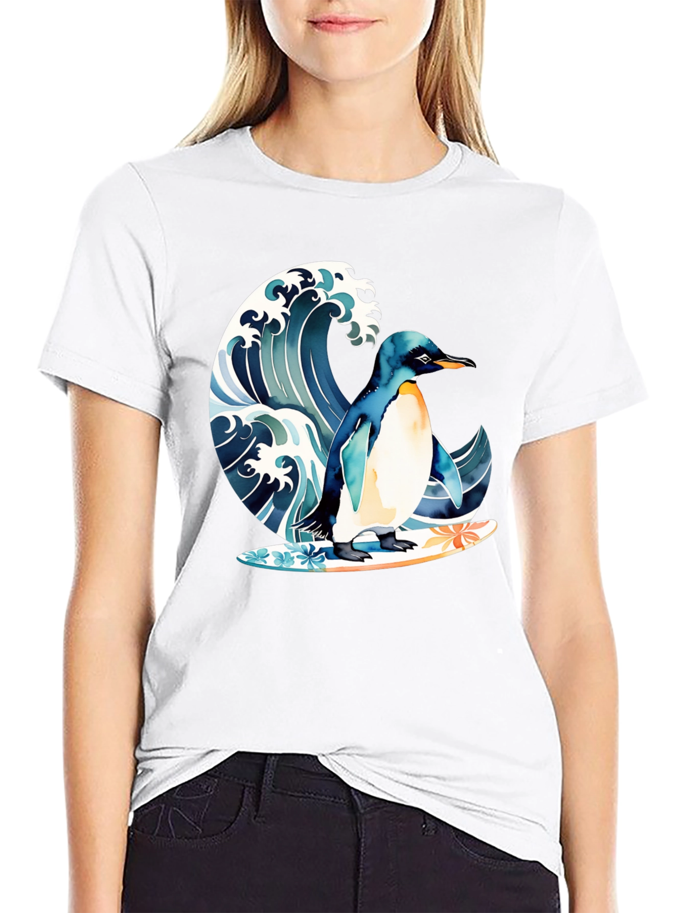 Penguin Surfing Wave Graphic T-Shirt