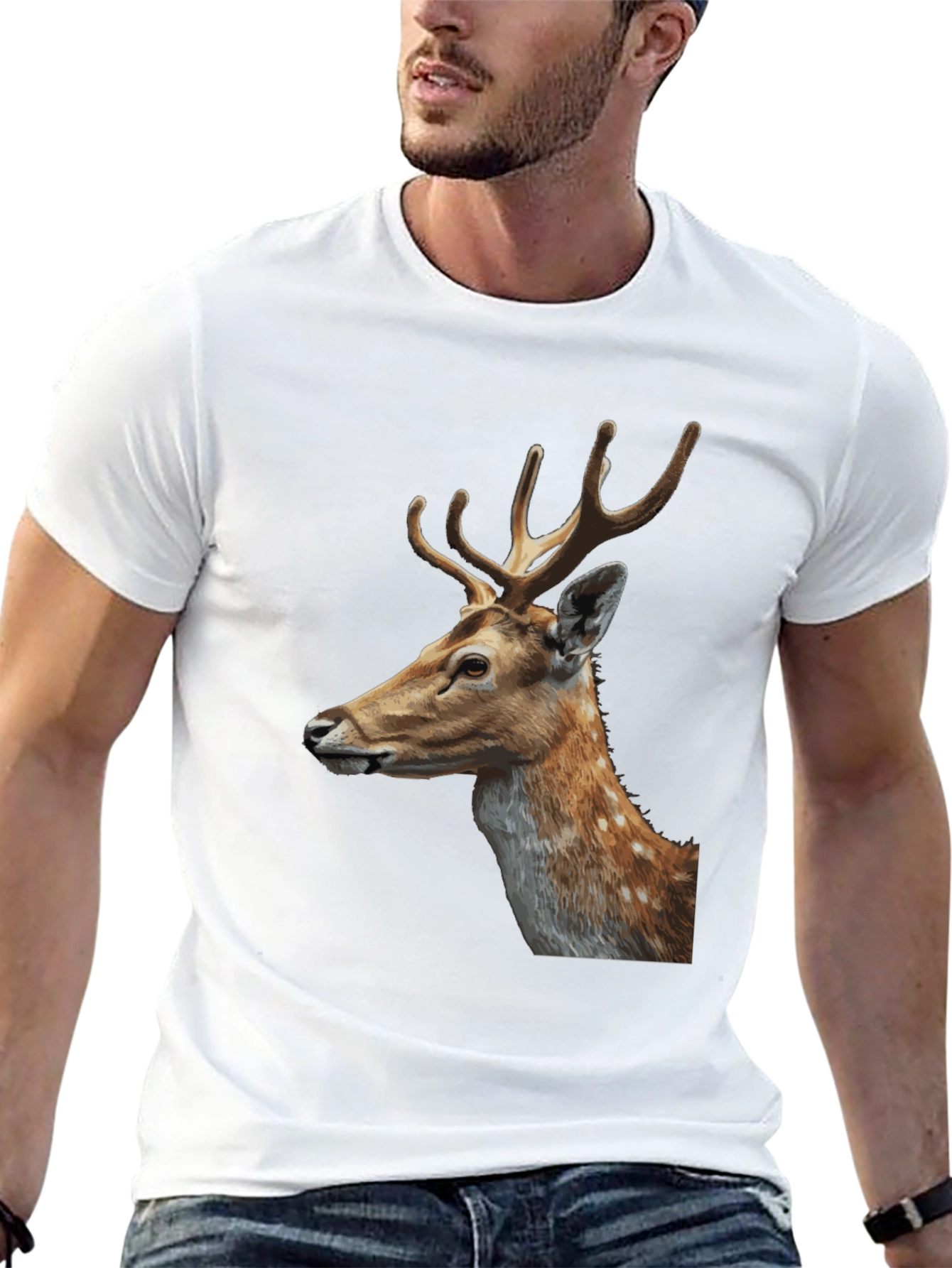 Deer Graphic Tee - Black Cotton Animal Print T-Shirt