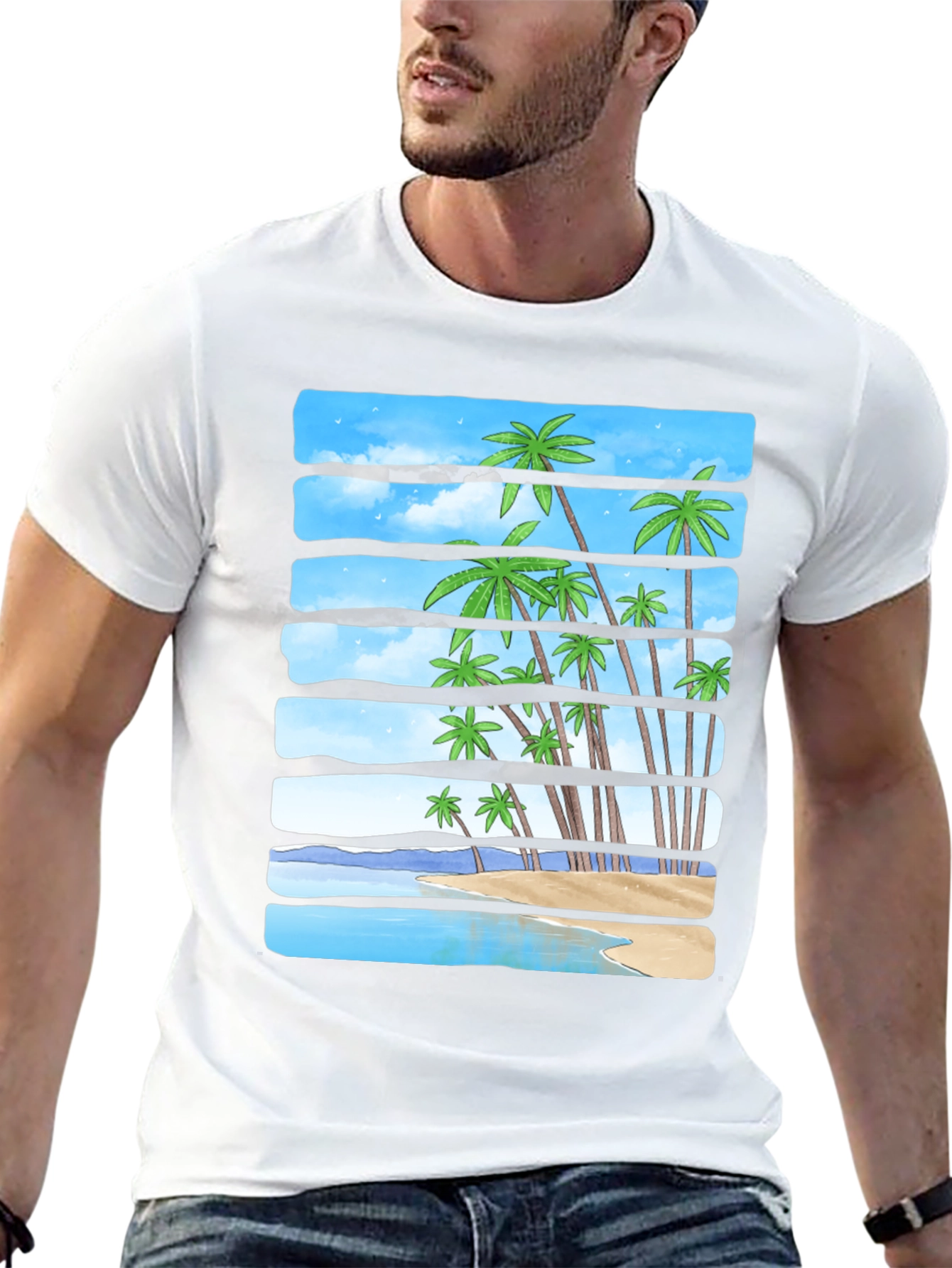 Tropical Palm Beach Striped T-Shirt