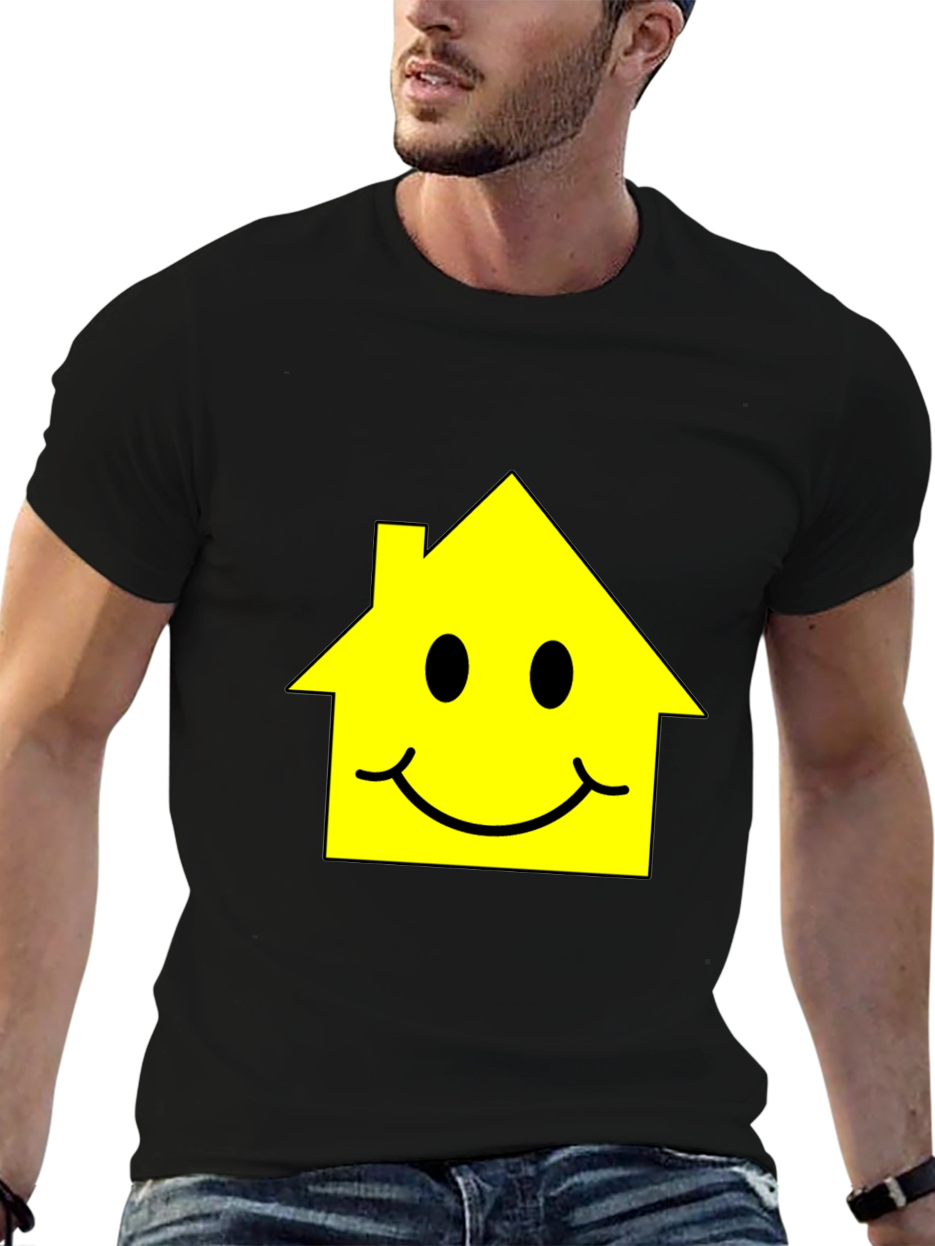 Happy House Graphic Tee - Black Cotton T-Shirt