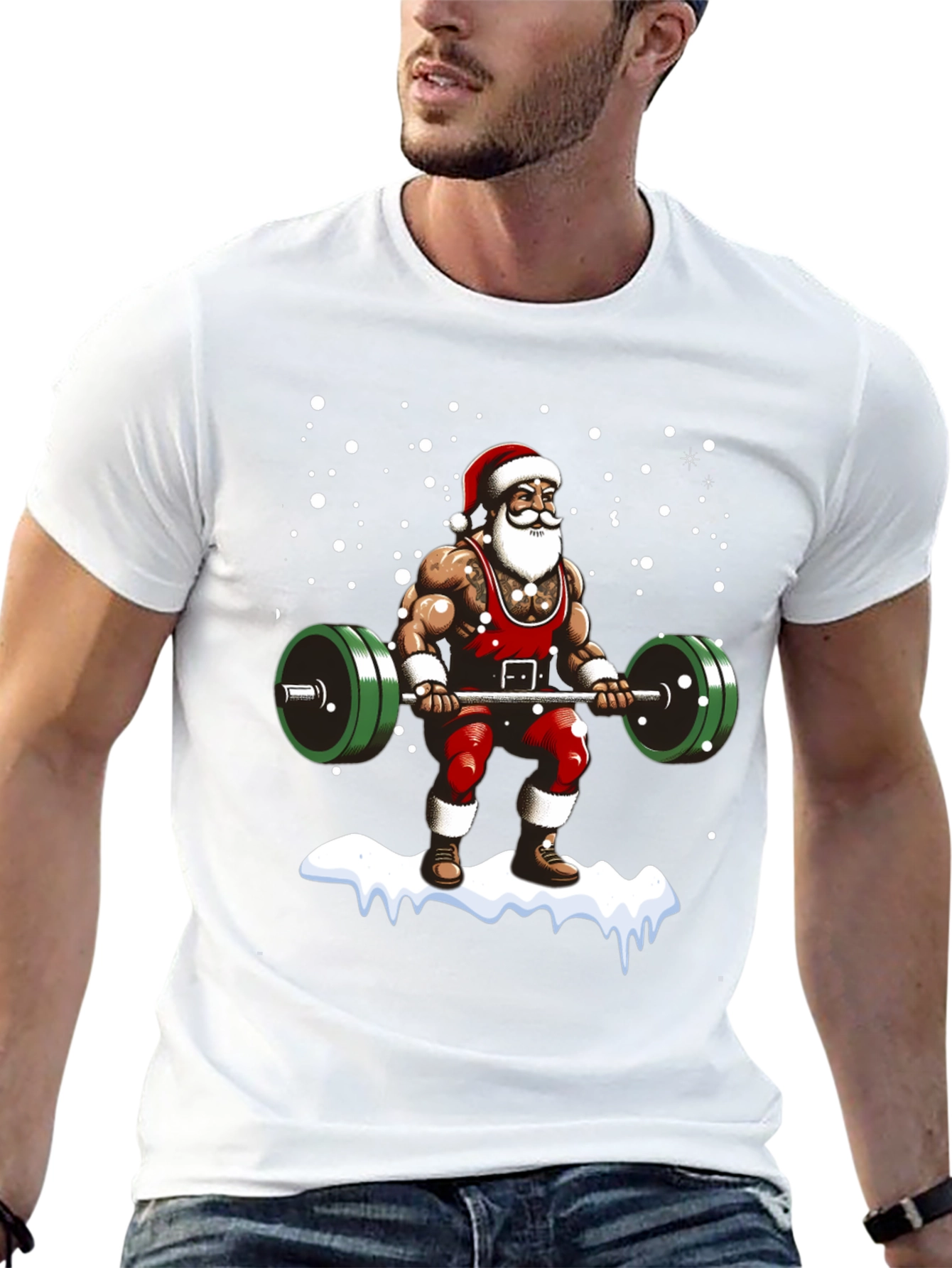 Muscular Santa Lifting Weights Holiday T-Shirt