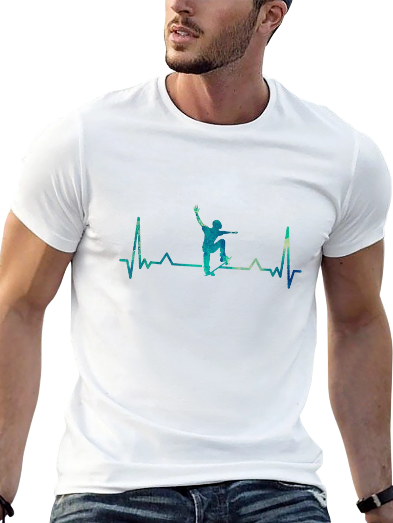 Skateboard Heartbeat Graphic Tee - Black Cotton Casual T-Shirt