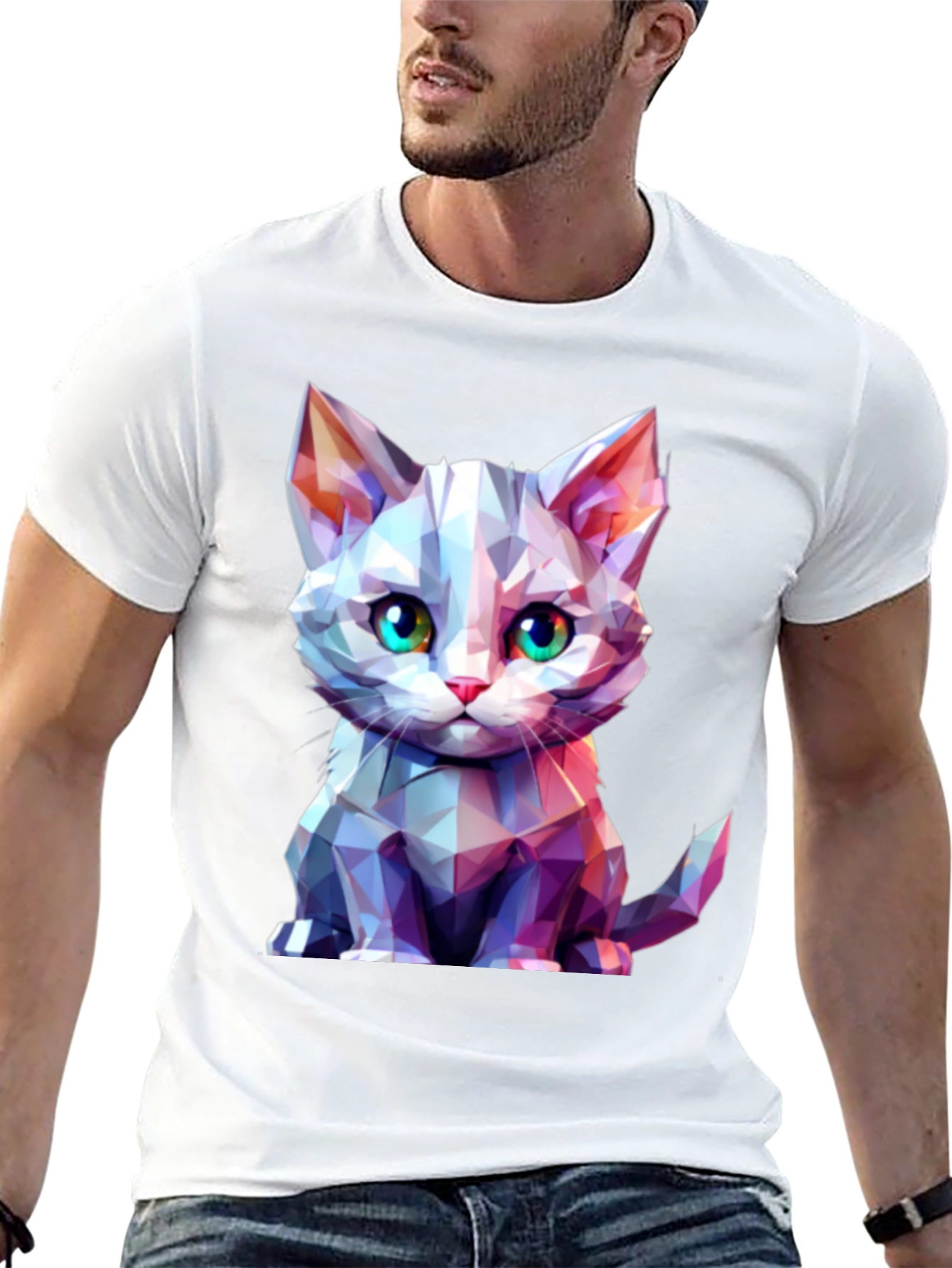 Geometric Cat Graphic Tee - Stylish Mens Black T-Shirt