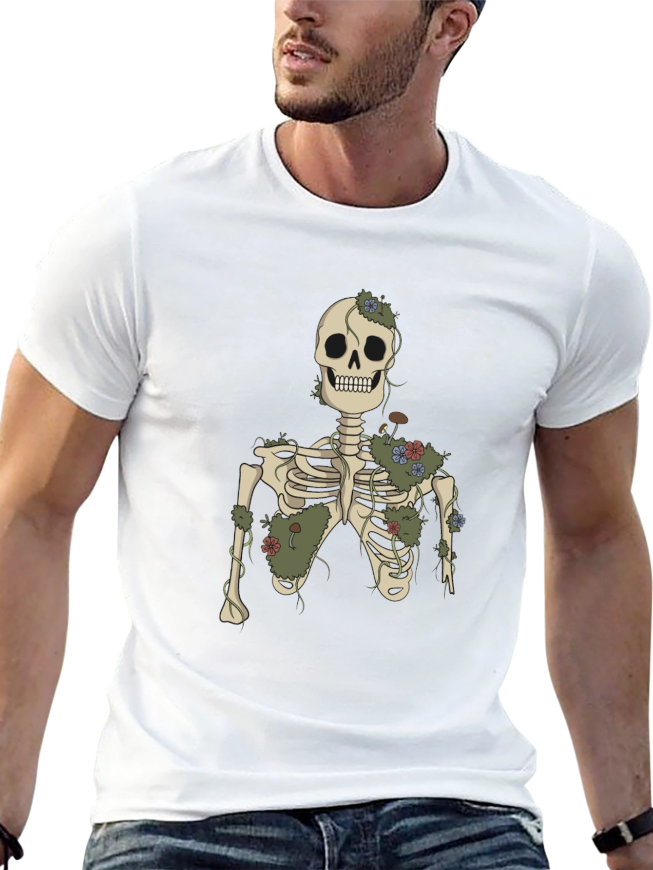 Floral Skeleton Graphic Tee - Black Cotton