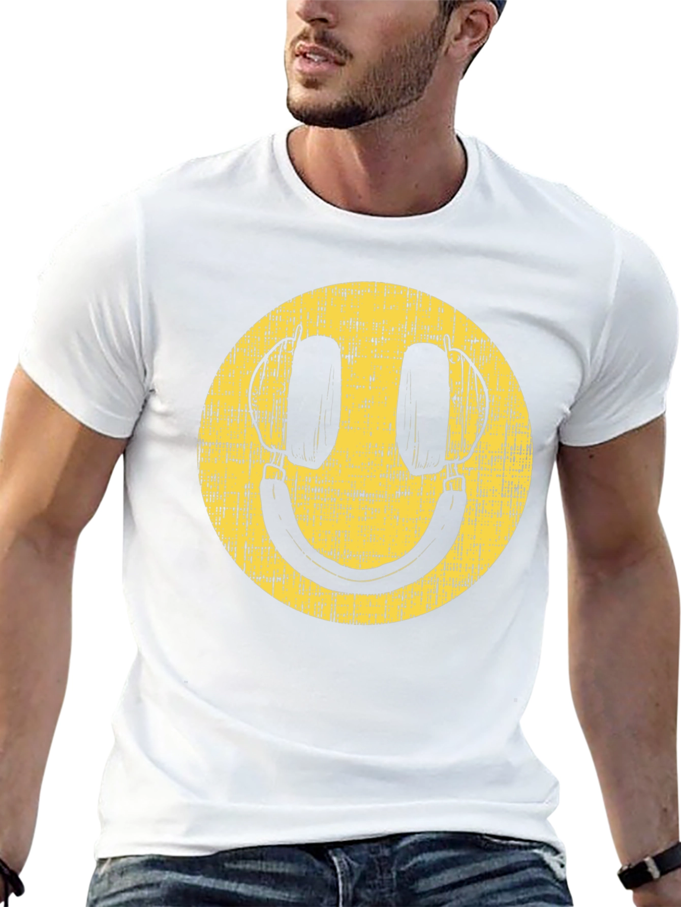 Retro Smiley Face Headphones Black T-Shirt