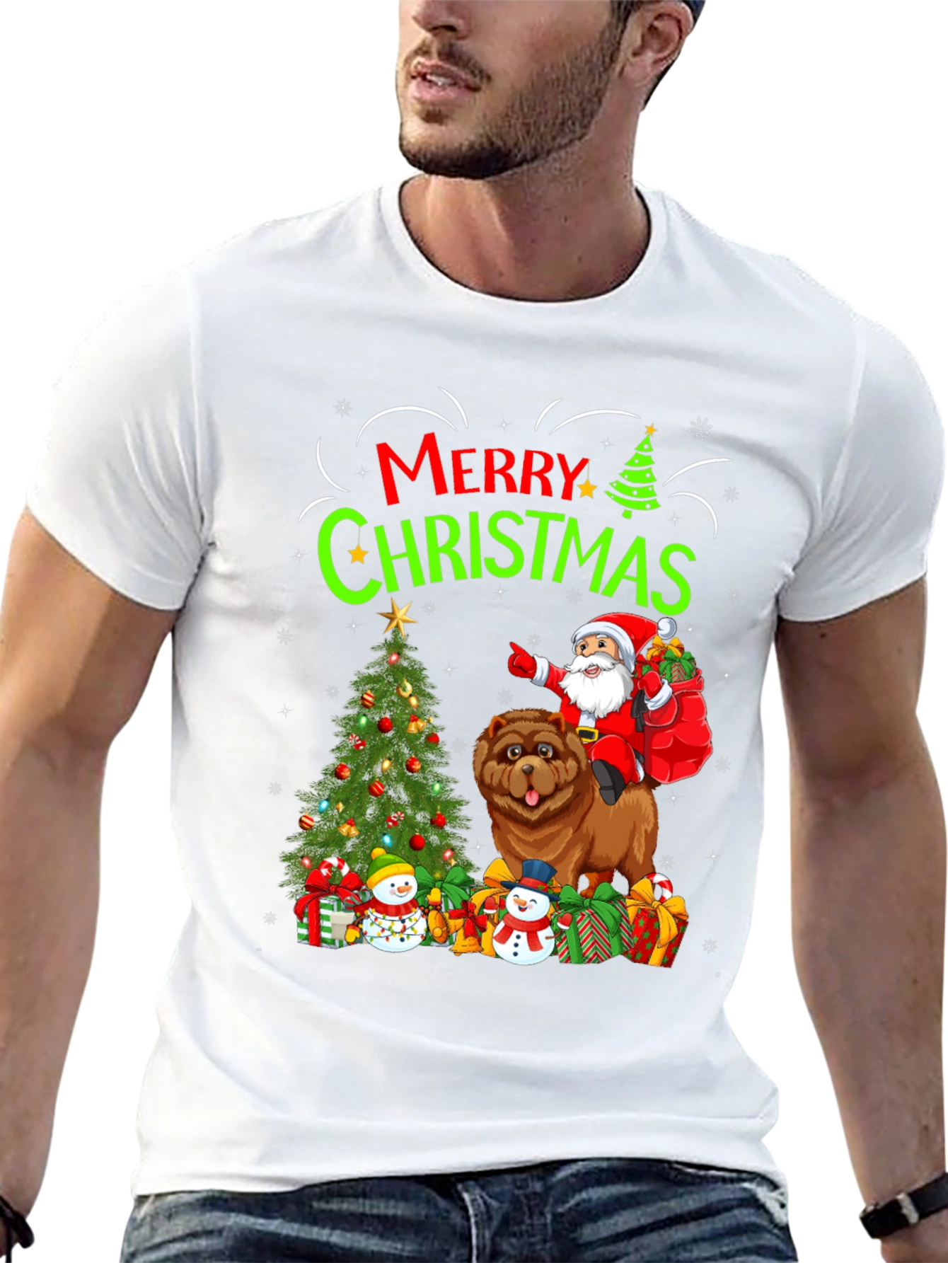 Festive Christmas T-Shirt with Santa and Chow Chow Dog