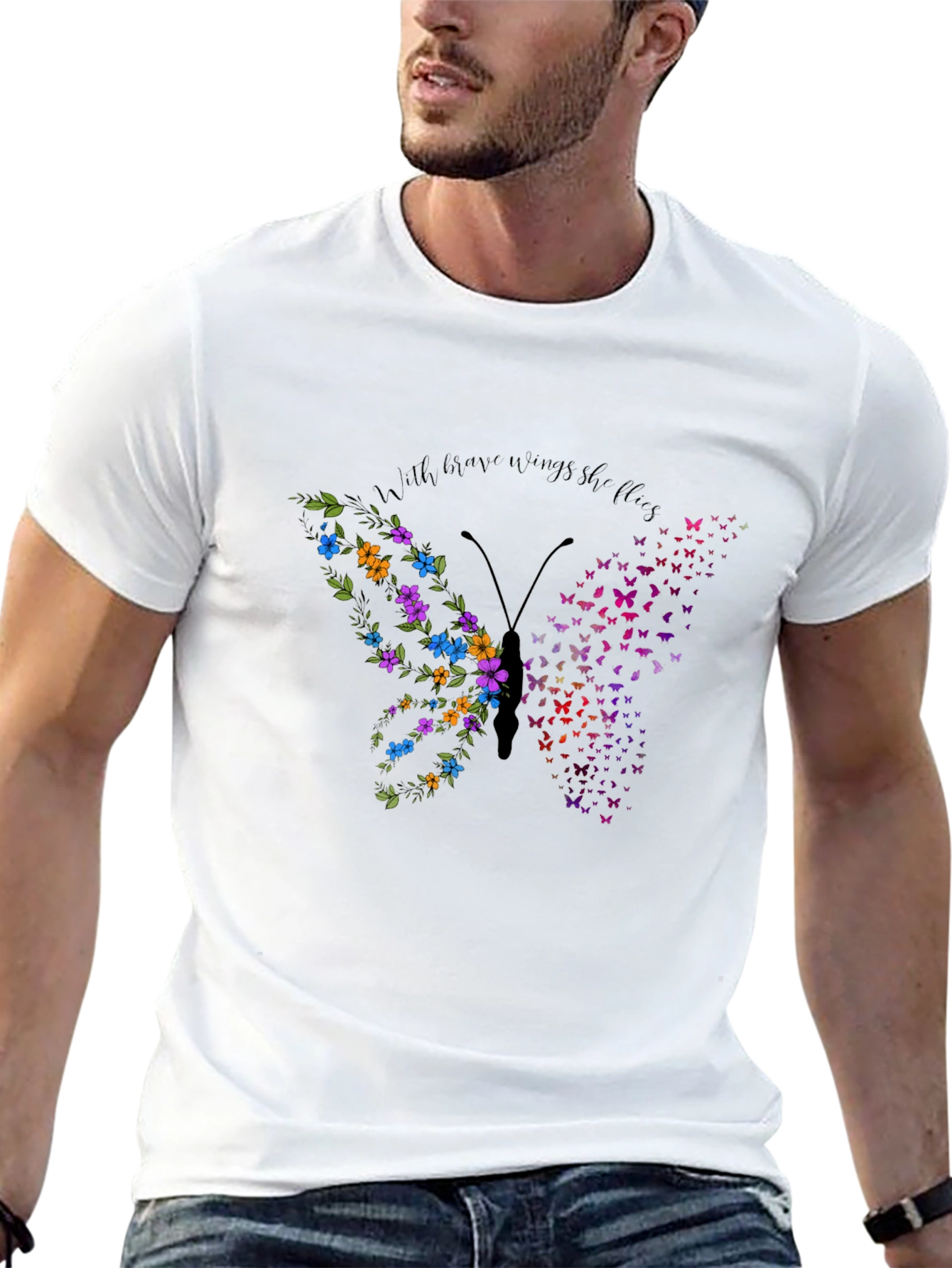 Butterfly Flower Graphic Mens Black T-Shirt