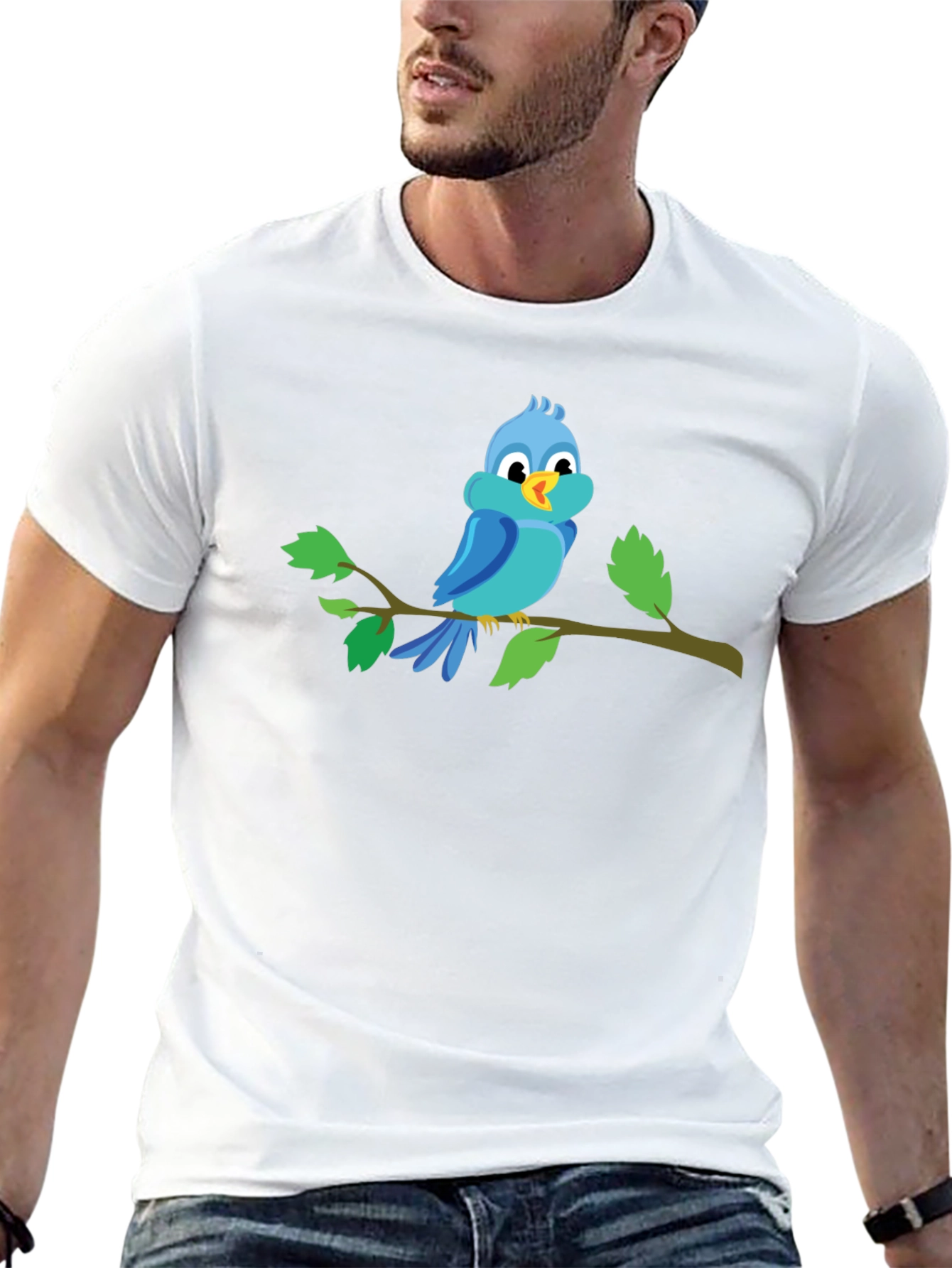 Blue Bird on Branch Black T-Shirt