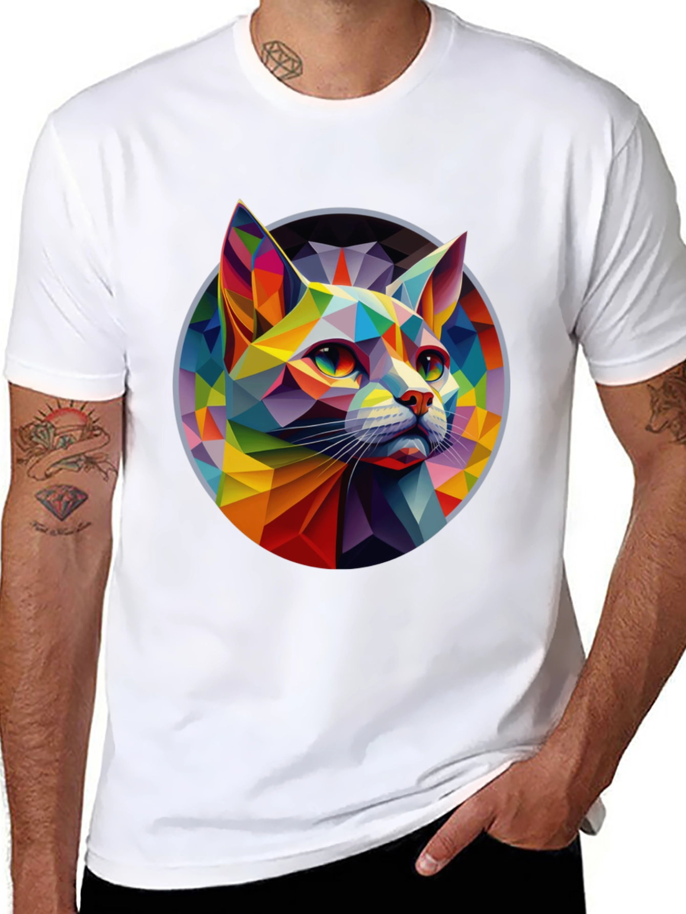 Geometric Cat Graphic Tee - Modern Art T-Shirt