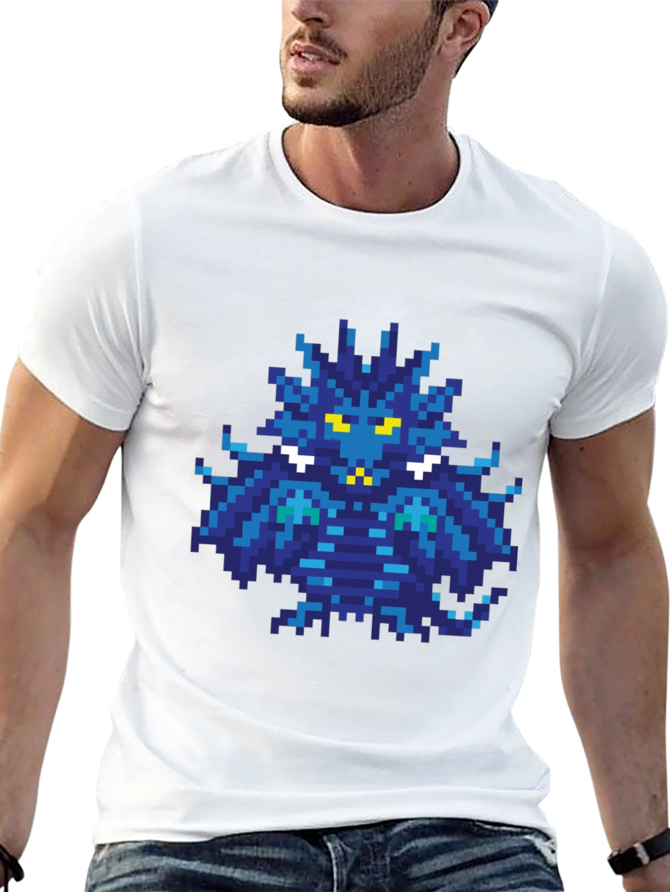 Pixelated Blue Monster Graphic T-Shirt