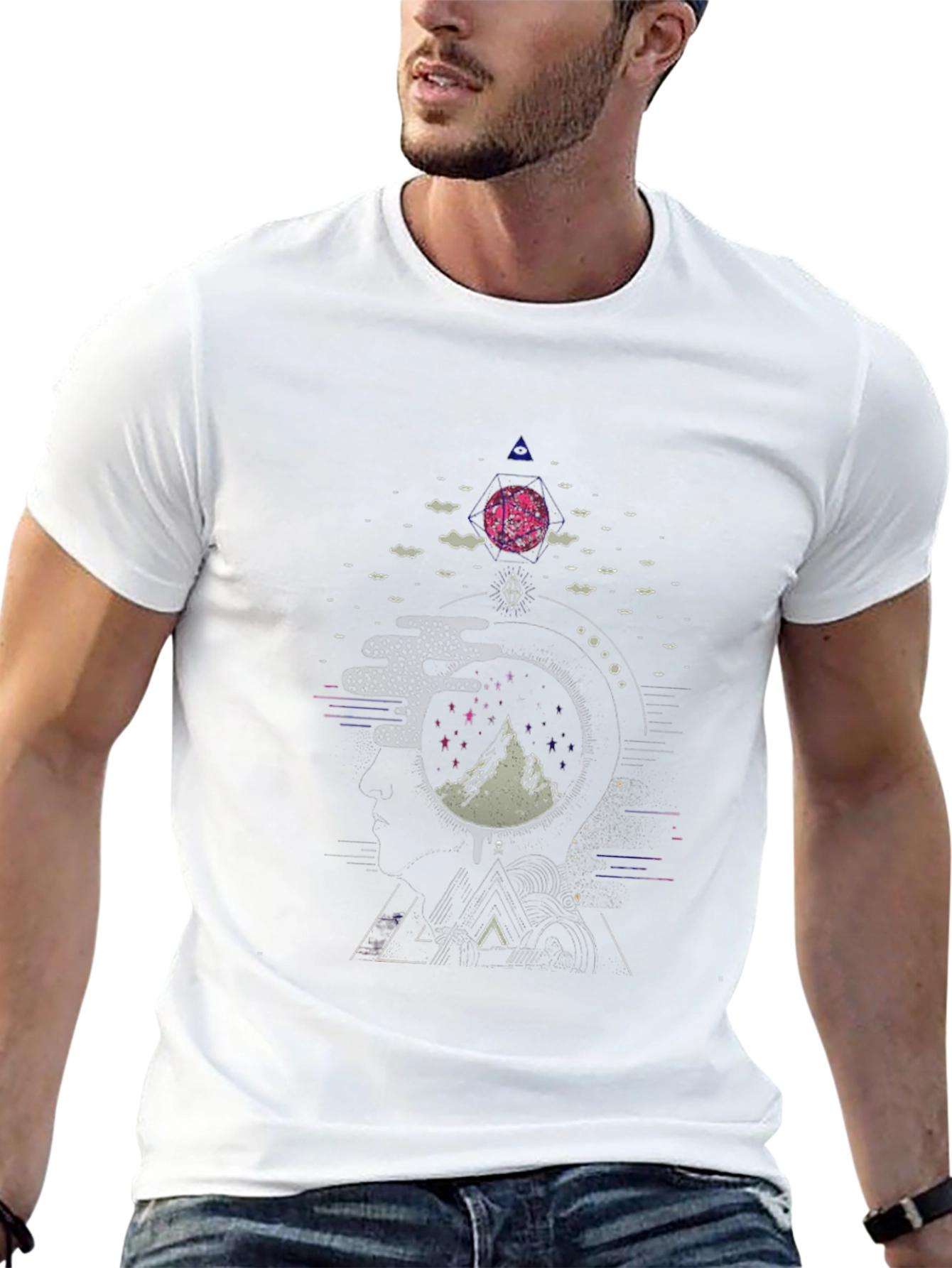 Geometric Mountain & Moon Graphic Black Tee
