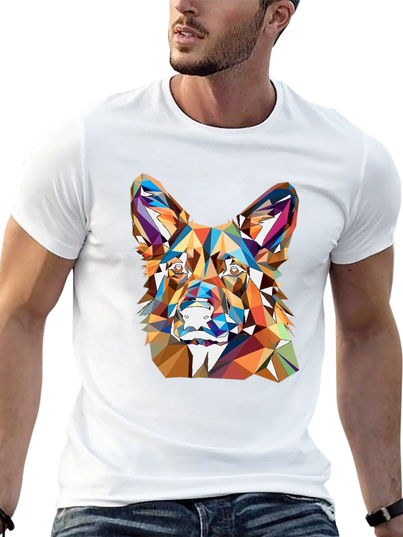 Geometric Dog Head Print Black T-Shirt