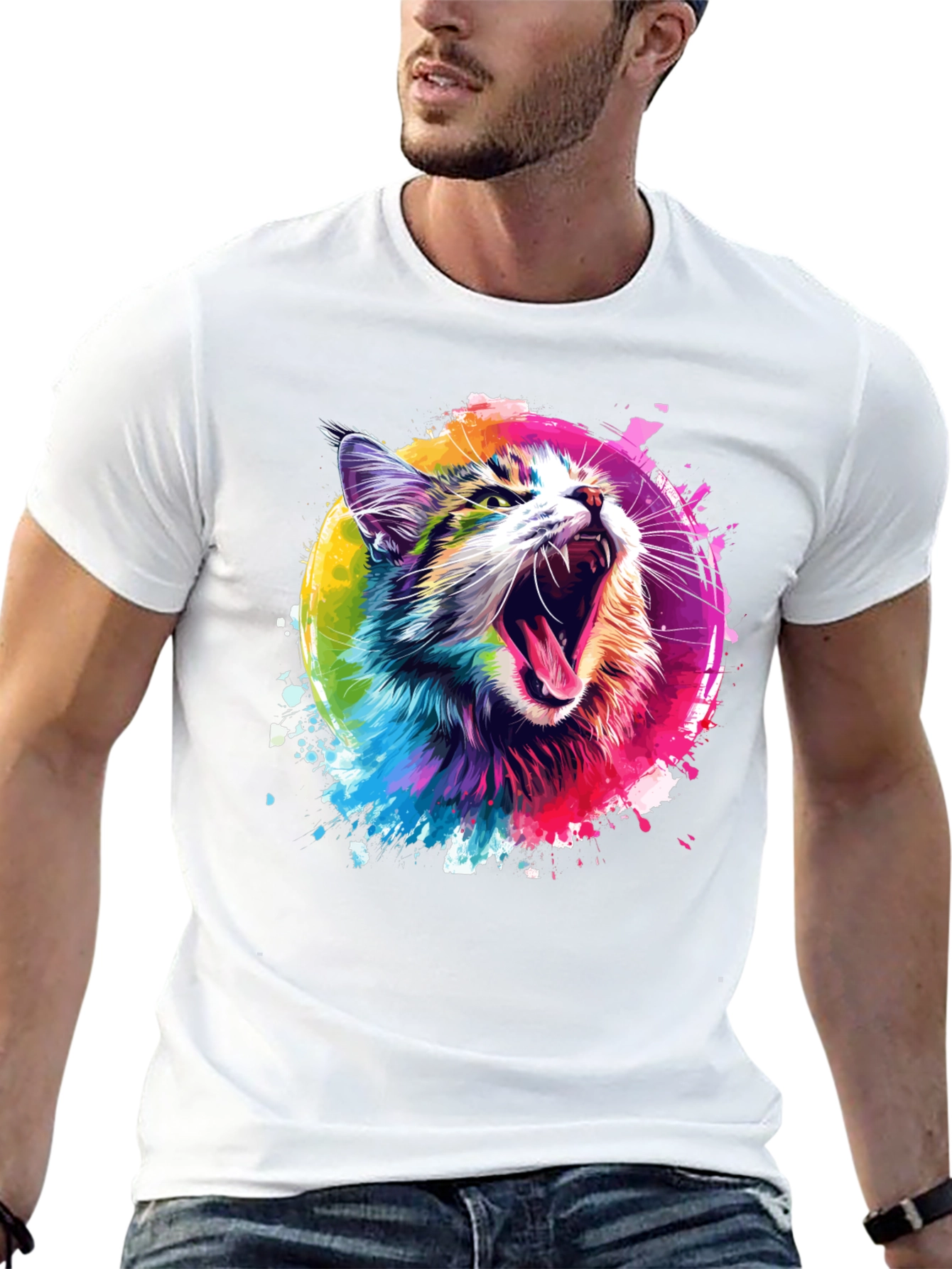 Vibrant Cat Graphic Tee - Unisex Black T-Shirt