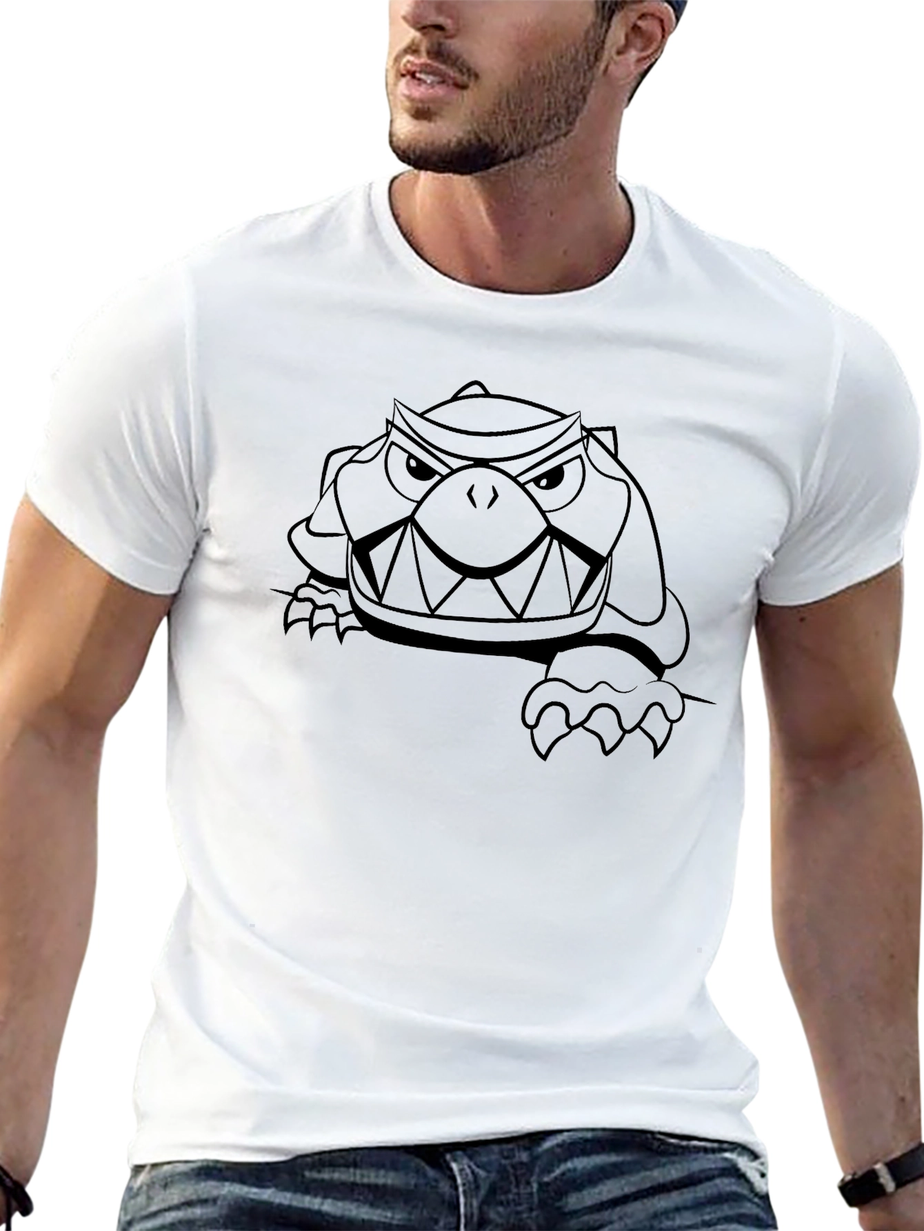 Mens Black T-Shirt with Cartoon Turtle Graphic