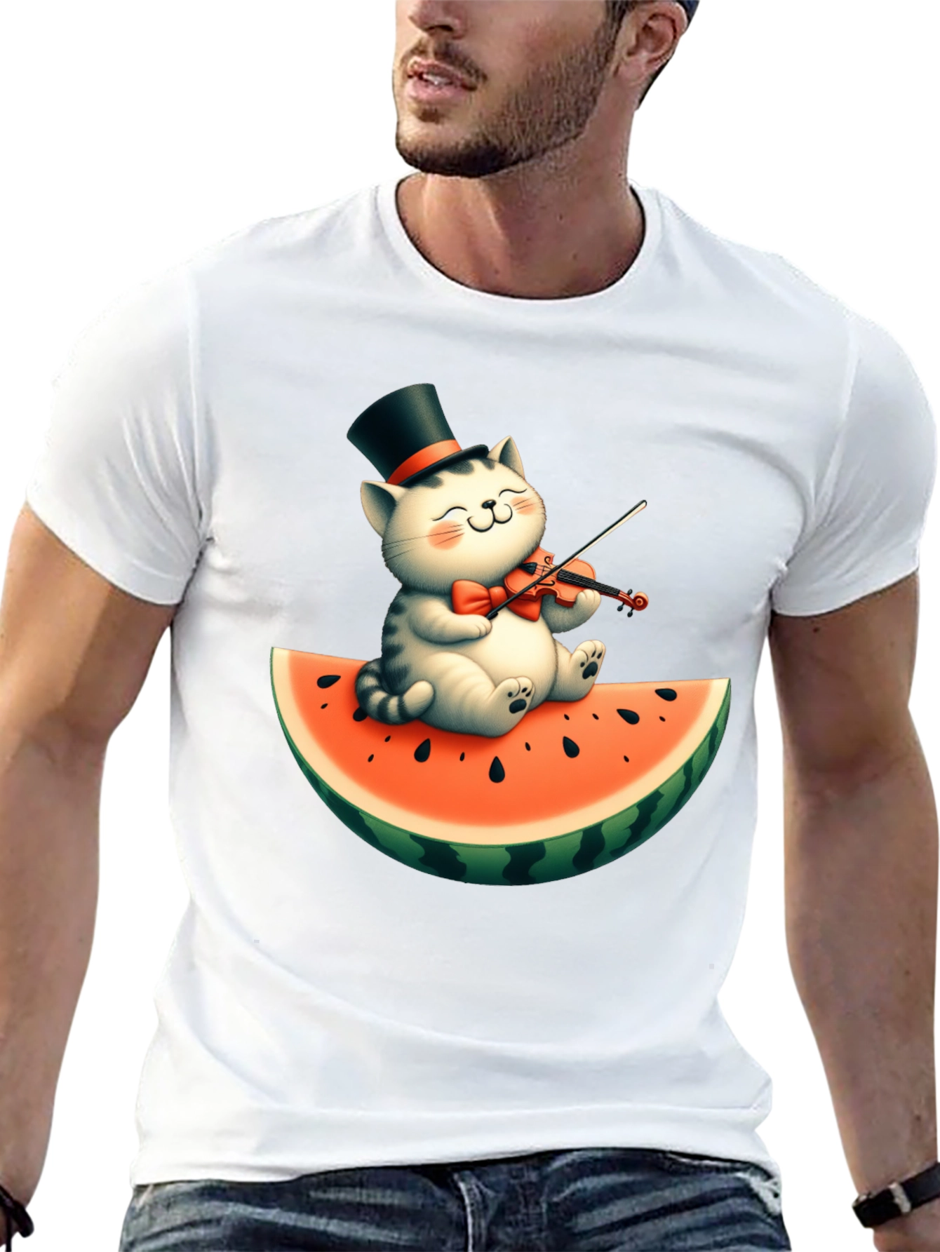 Cat Playing Violin on Watermelon Graphic Tee