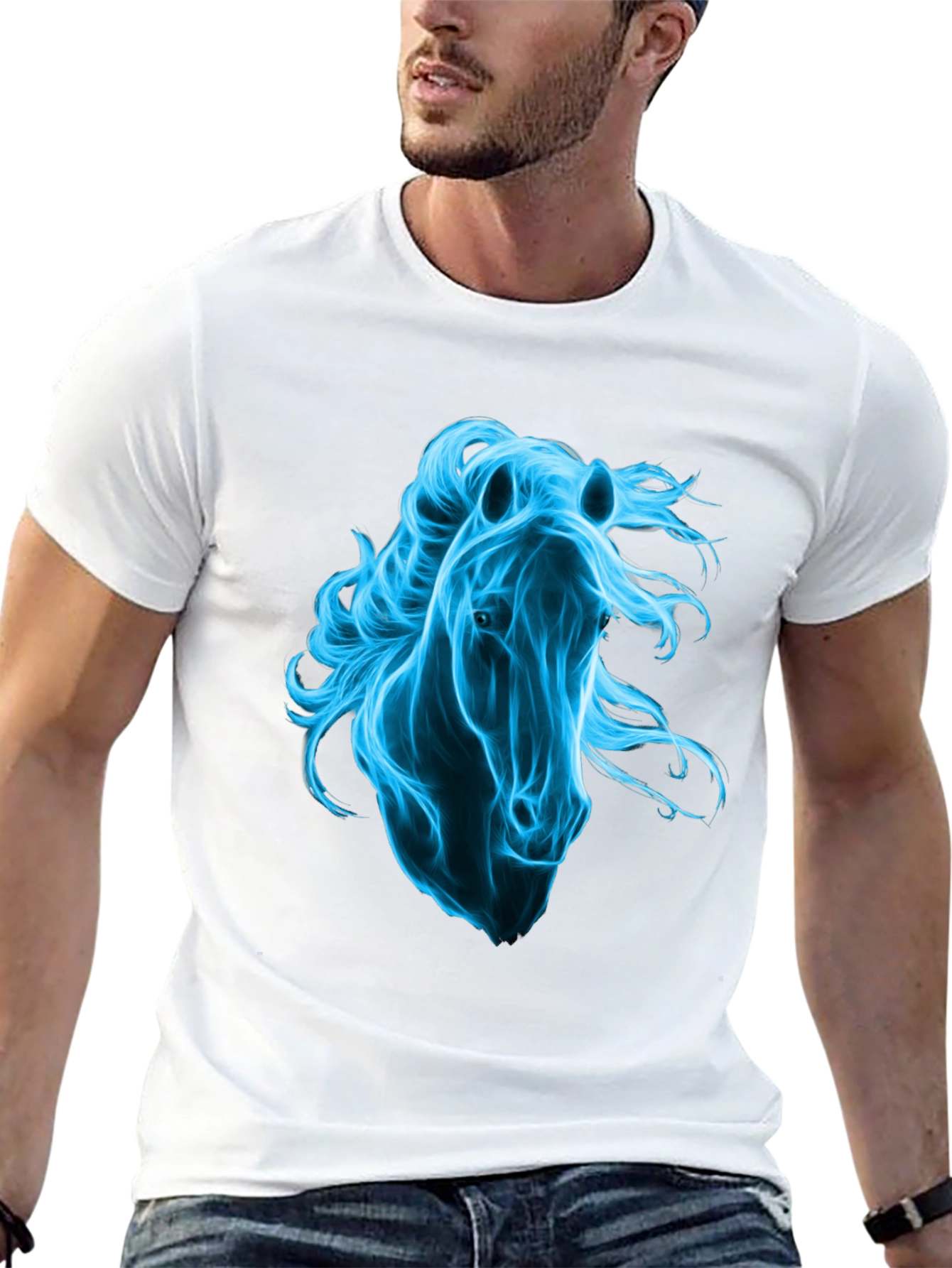 Mens Black T-Shirt with Blue Horse Graphic