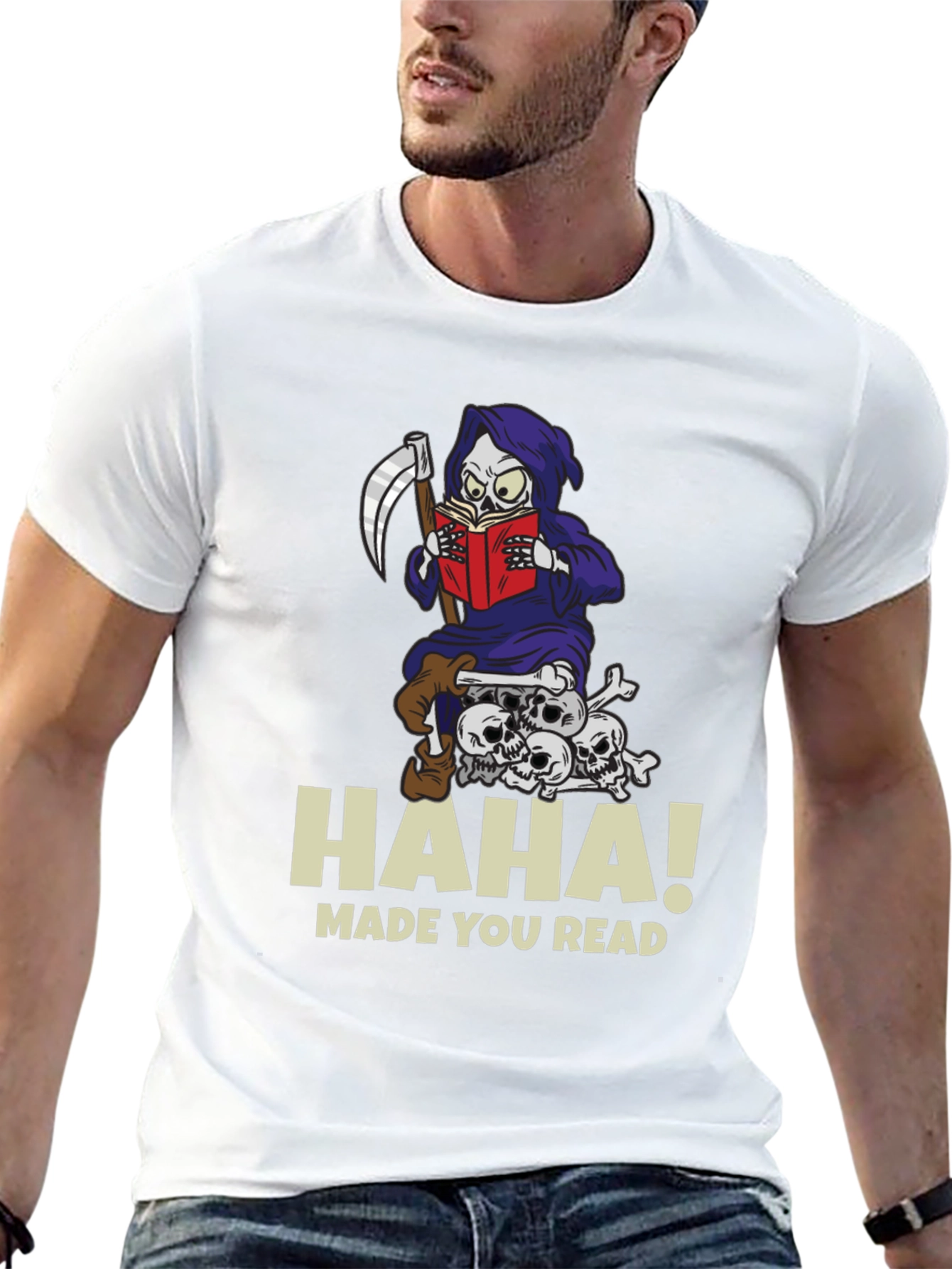 Humorous Grim Reaper Reading Graphic T-Shirt