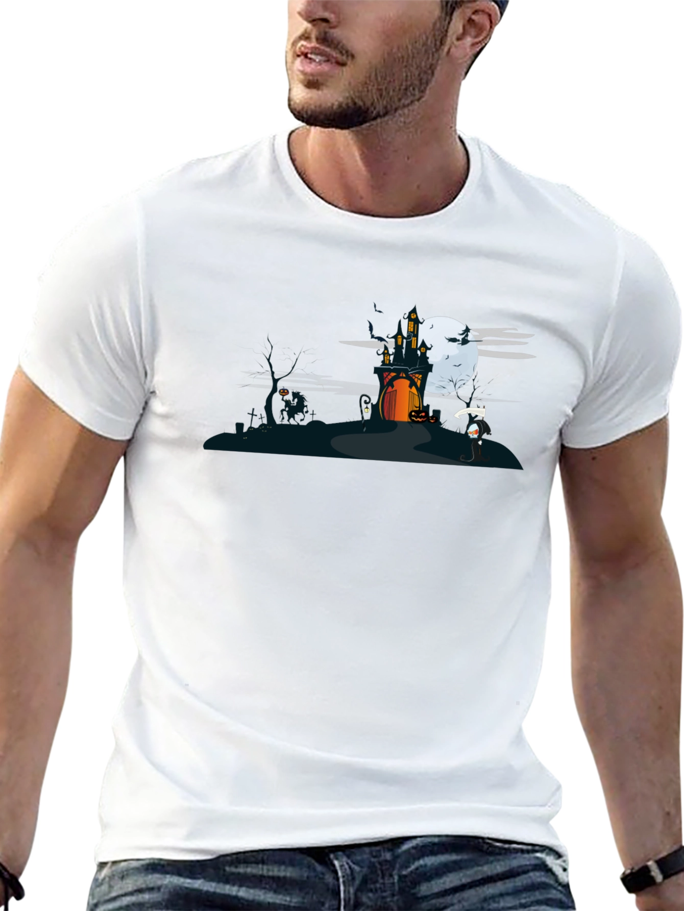 Halloween Black T-Shirt with Spooky Castle Design