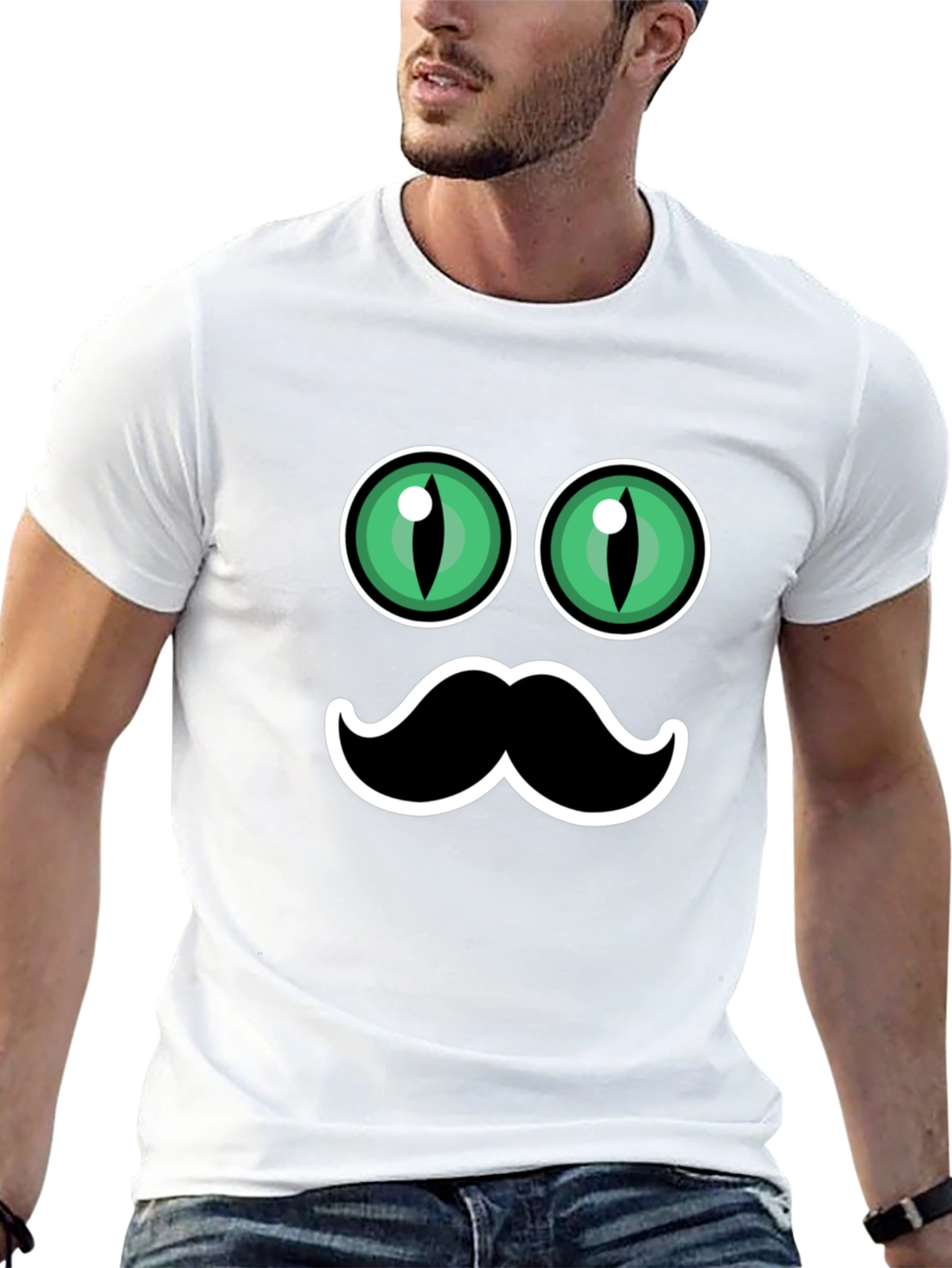 Funny Cat Eyes & Moustache Graphic T-Shirt