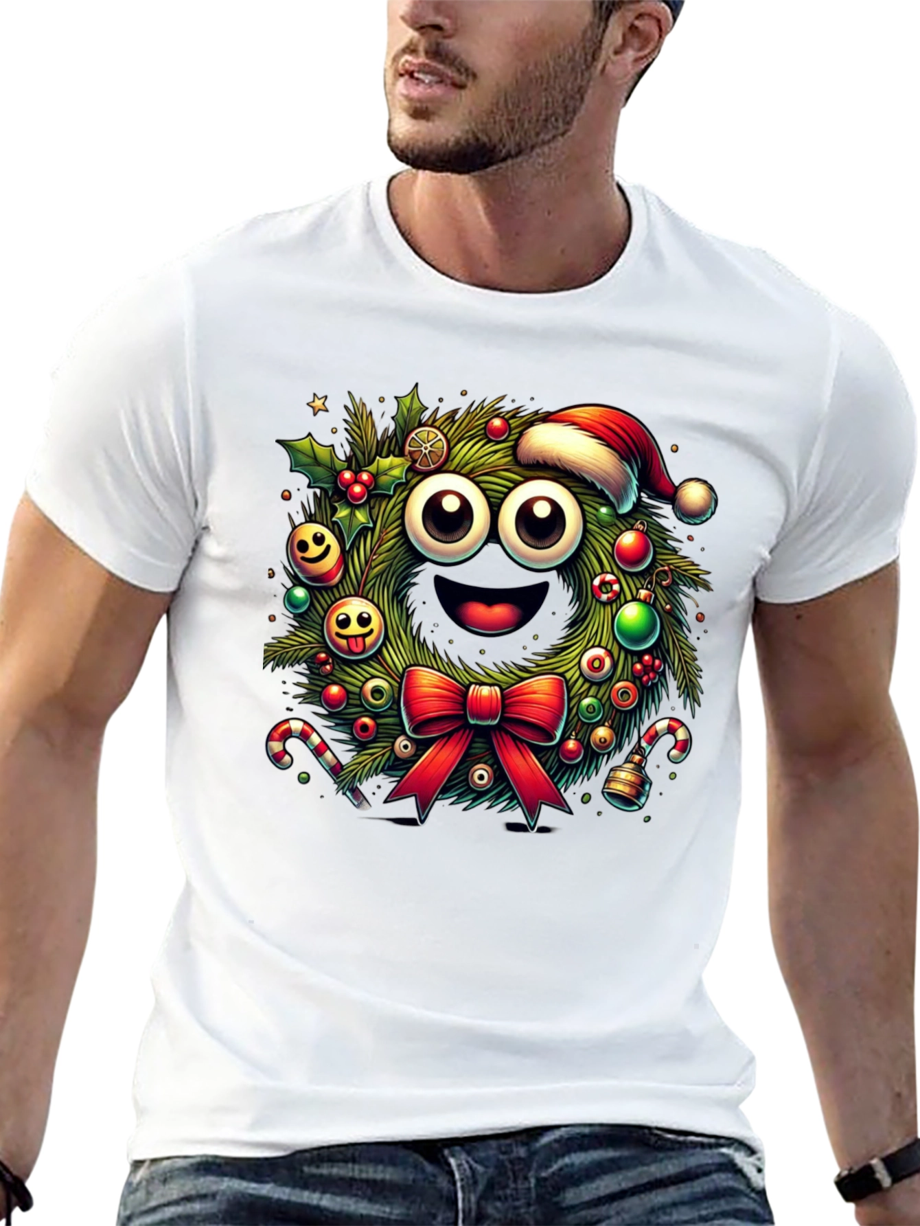 Festive Christmas Wreath Cartoon T-Shirt