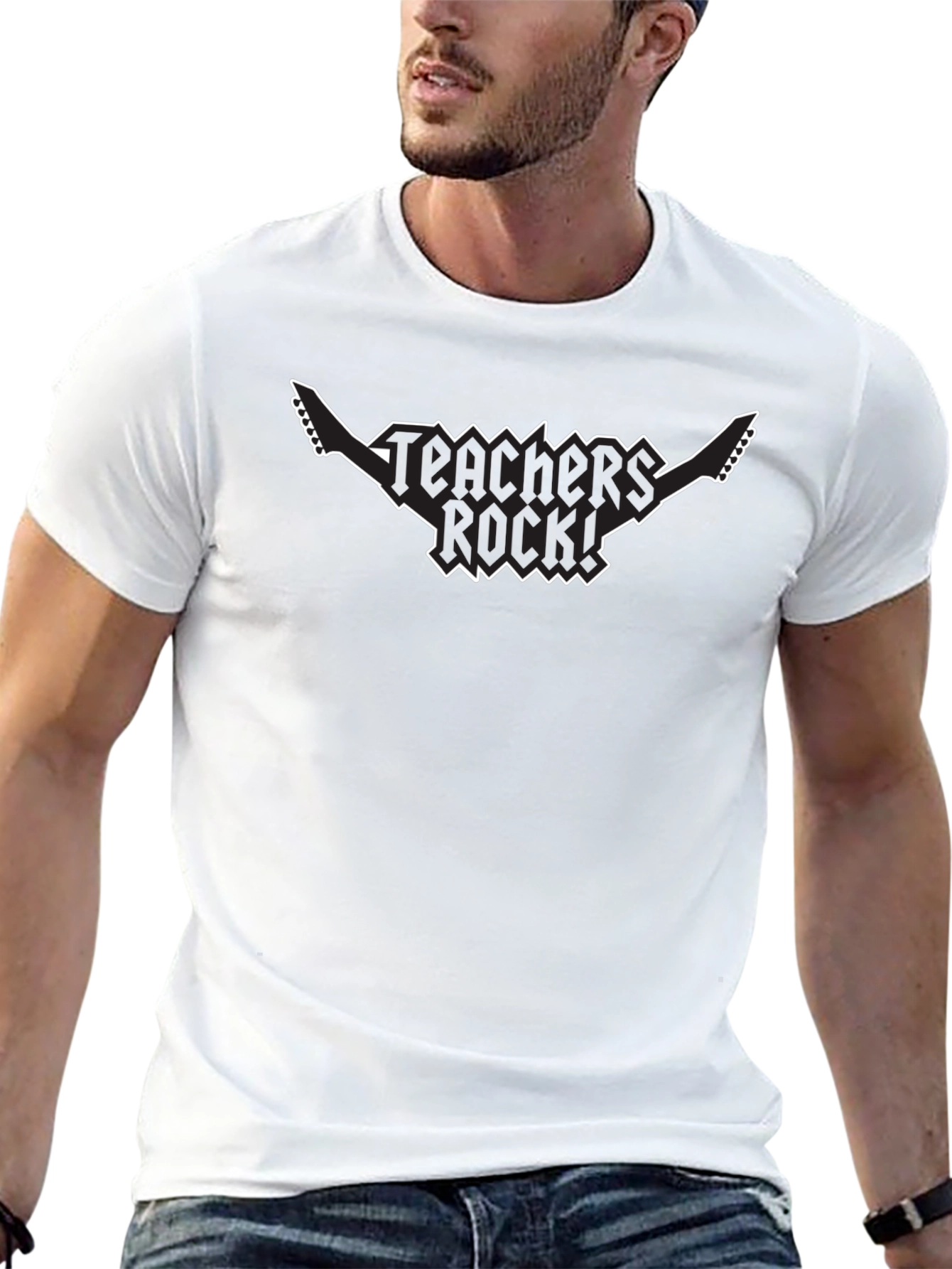 Teachers Rock! Guitar Graphic Tee - Black Cotton T-Shirt