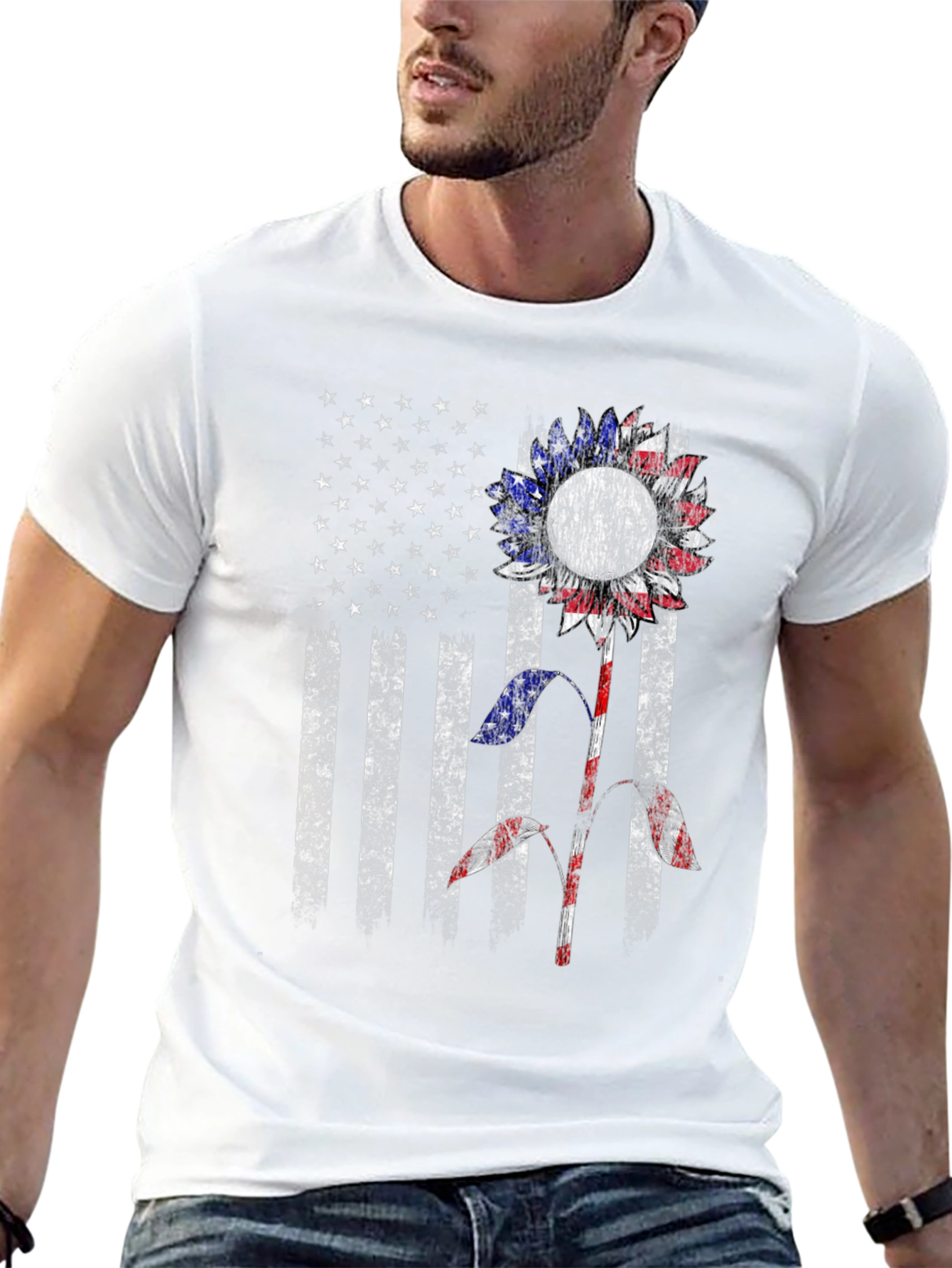 American Flag Sunflower Graphic T-Shirt