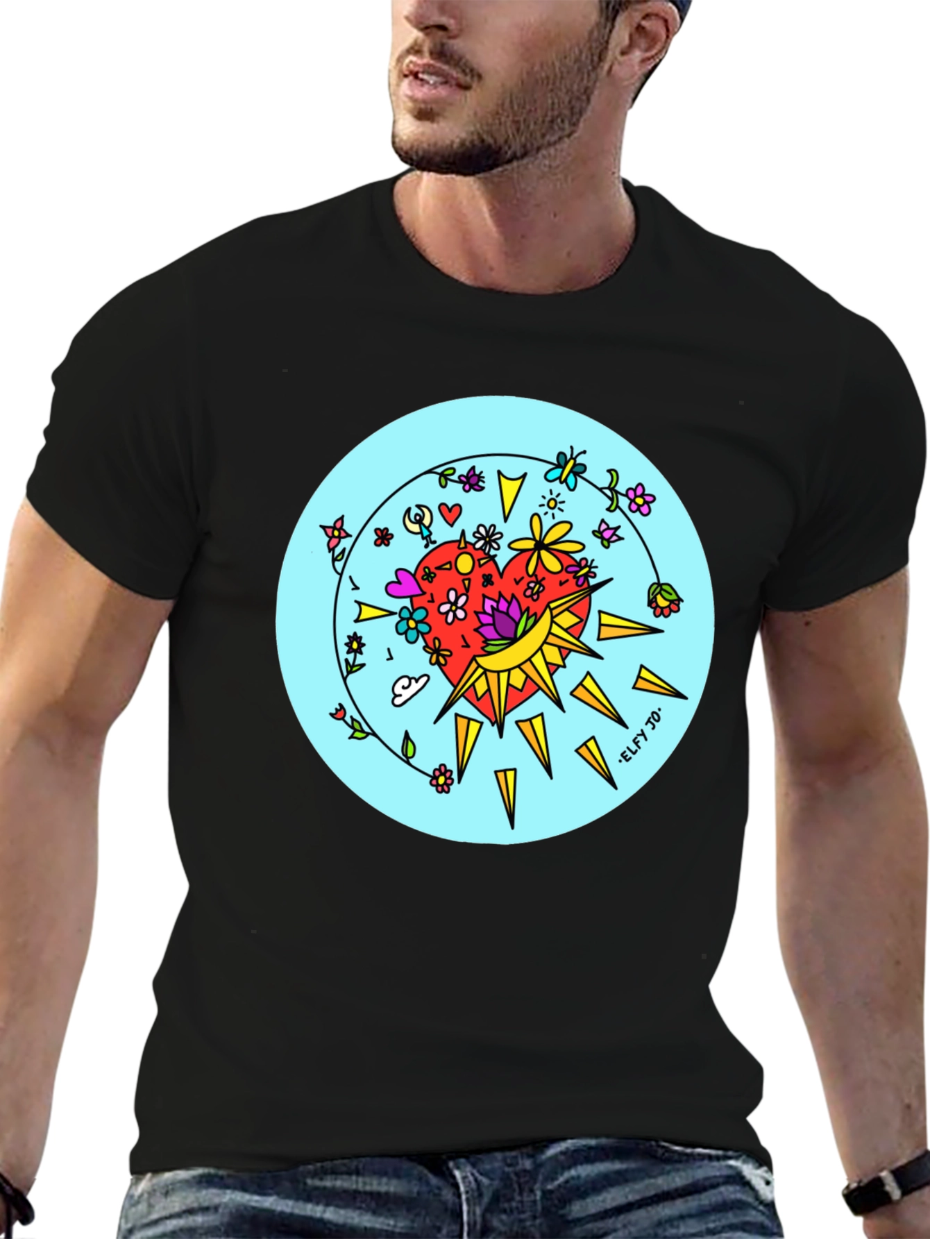 Floral Heart Graphic Black Tee