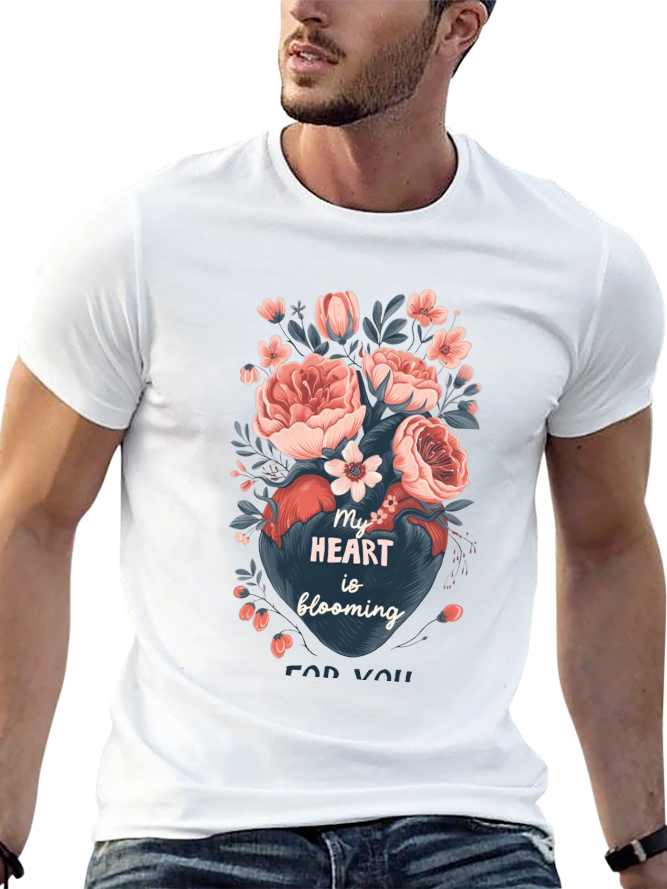 Floral Heart Blooming Graphic Tee - Black Cotton