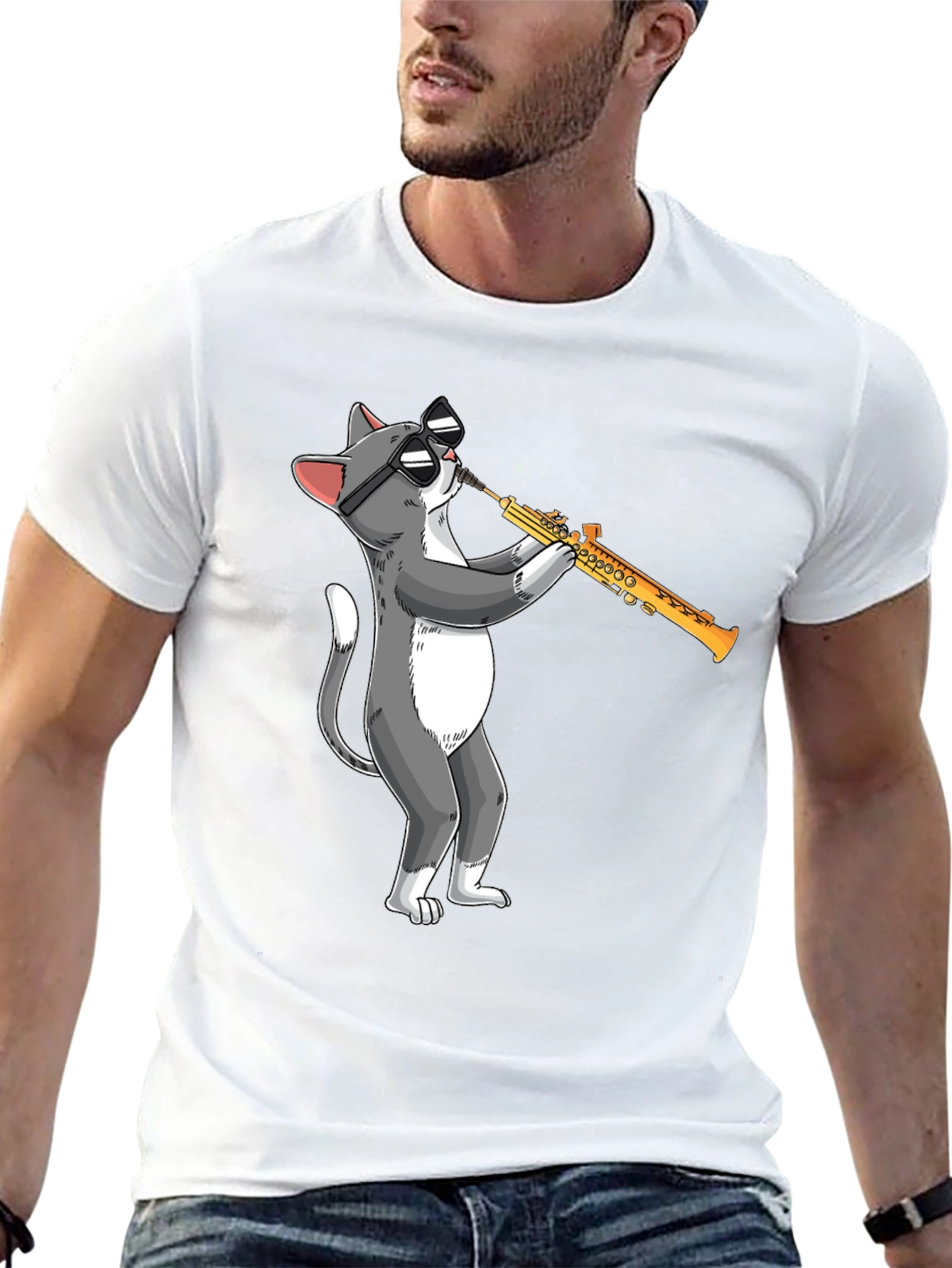 Cool Cat Saxophone T-Shirt - Playful Graphic Tee