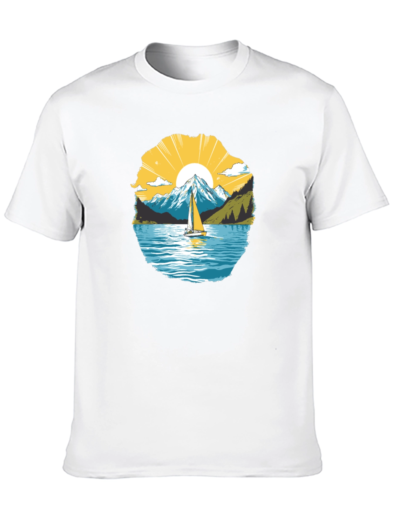Scenic Sailboat Mountain Graphic Black T-Shirt