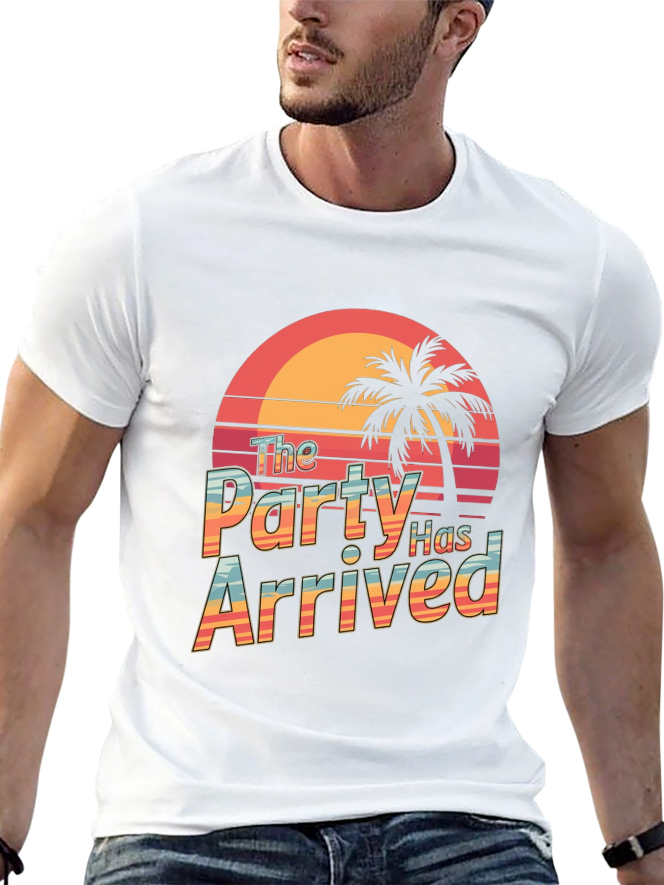 Party Has Arrived Black T-Shirt: Tropical Sunset Design