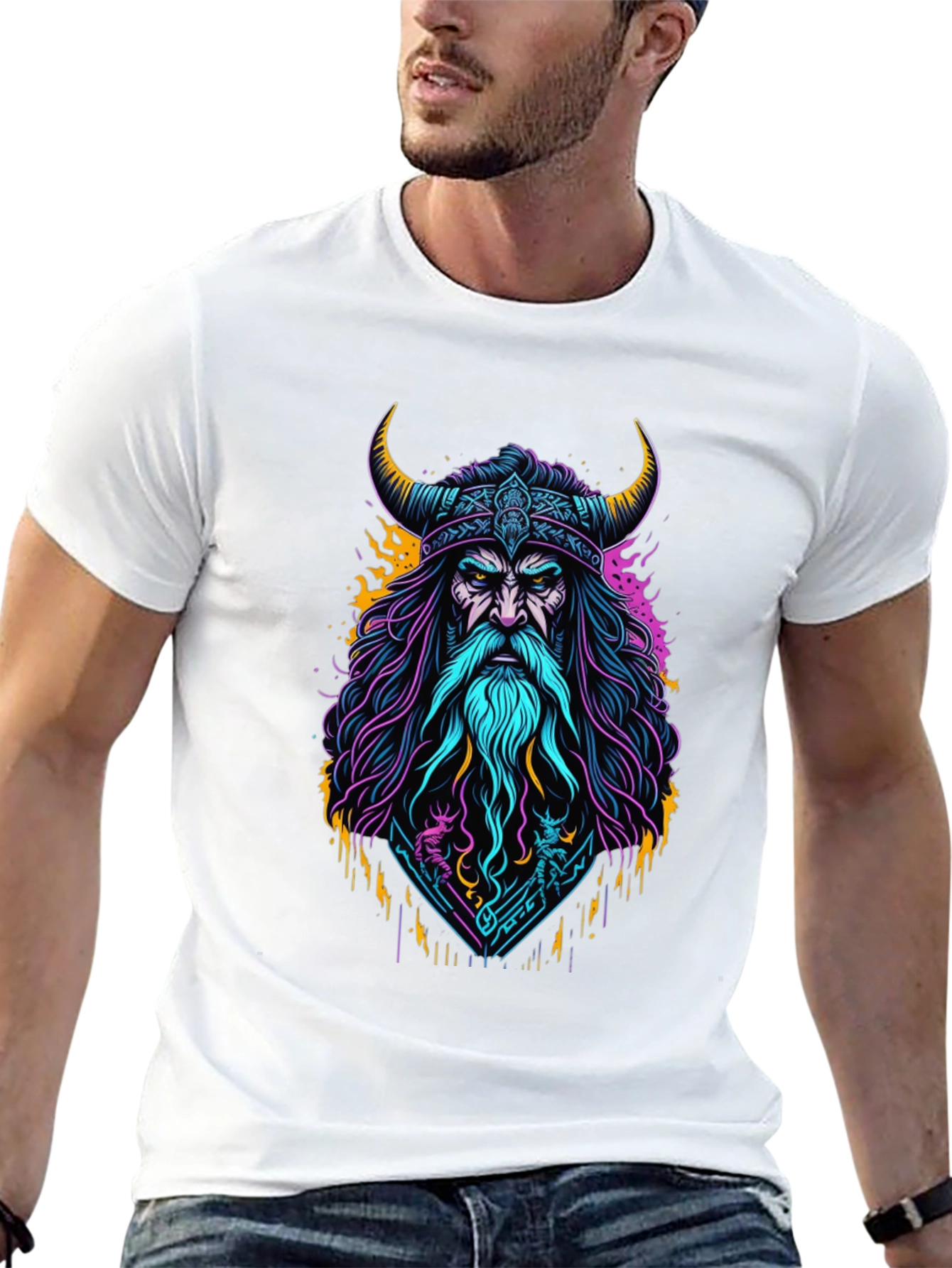 Viking Warrior Graphic Tee - Bold Neon Design