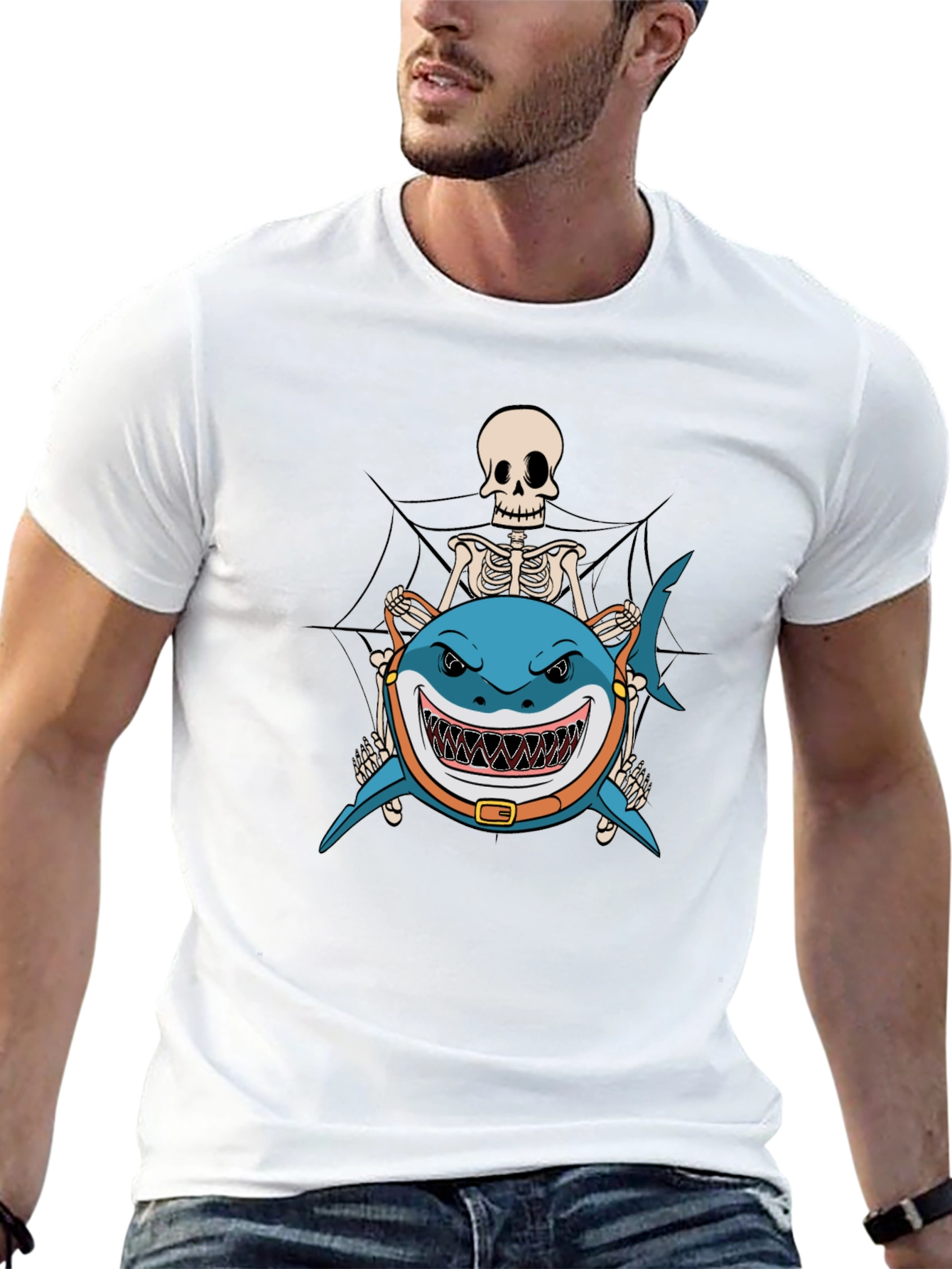 Skeleton Riding Shark Black T-Shirt