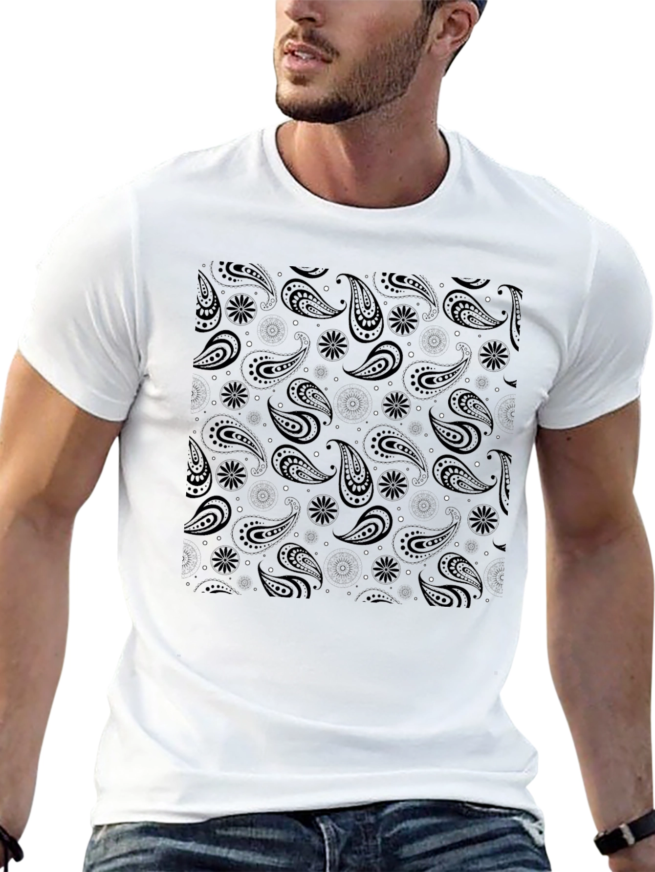 Black Paisley Print Mens T-Shirt