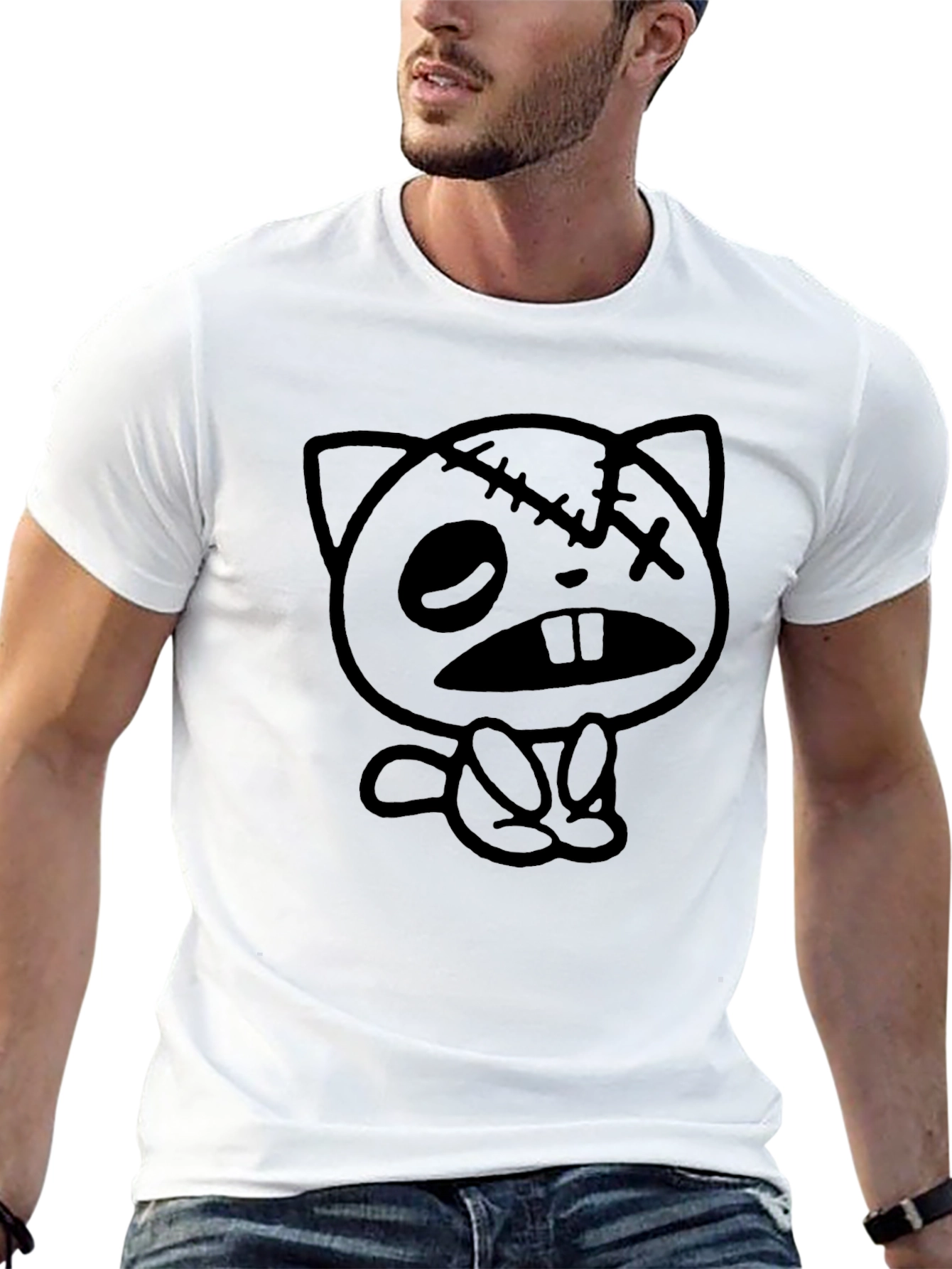 Zombie Cat Graphic Tee - Unisex Black Cotton T-Shirt
