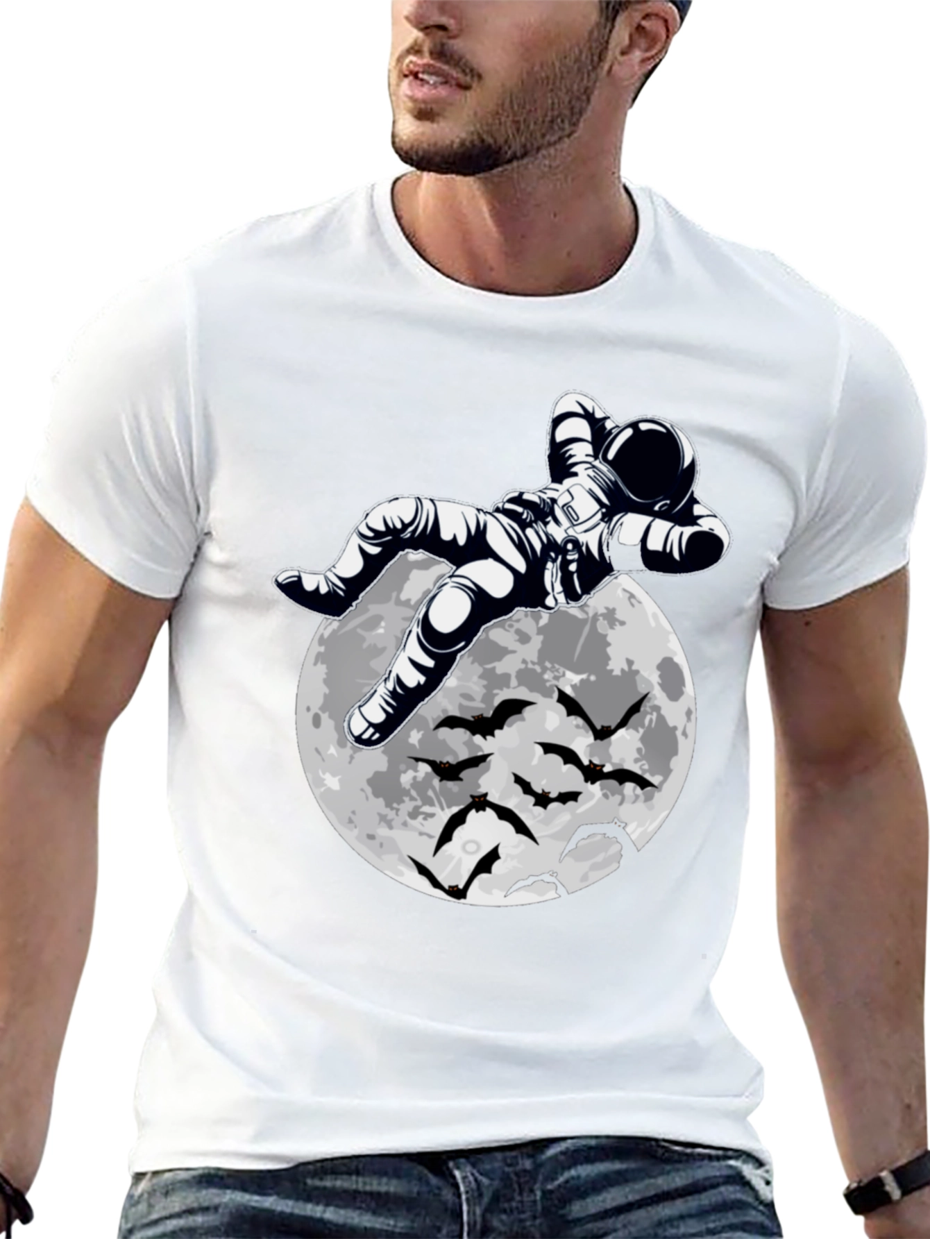 Astronaut Moon & Bats Graphic Print T-Shirt