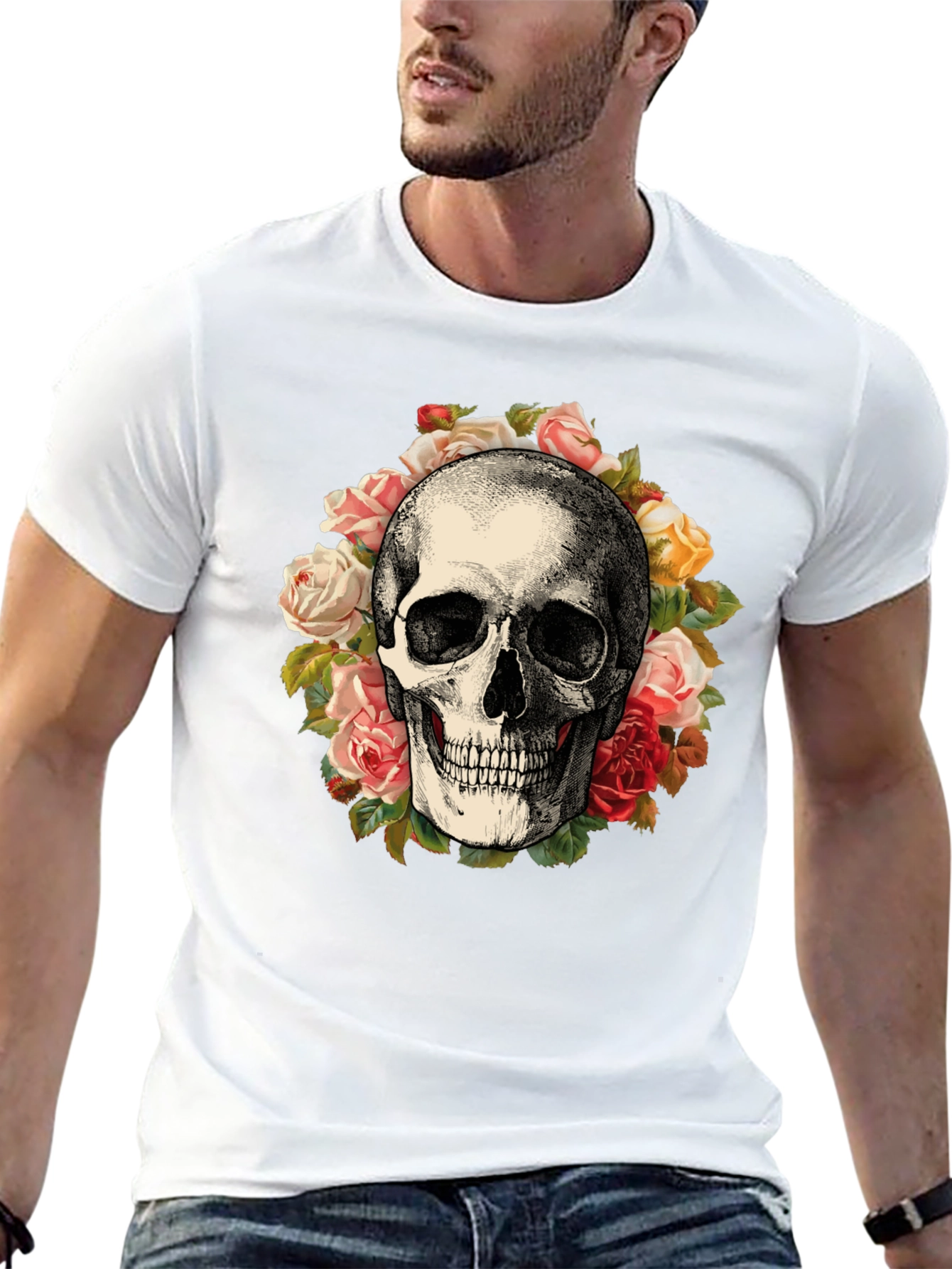 Skull & Roses Graphic Print Black T-Shirt