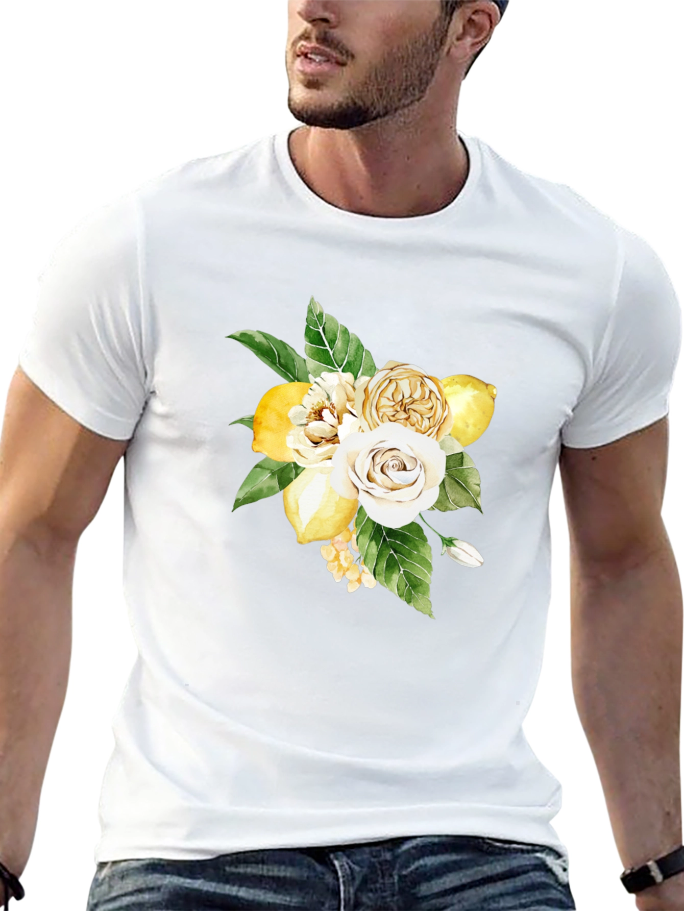 Floral Lemon Bouquet Graphic Black T-Shirt