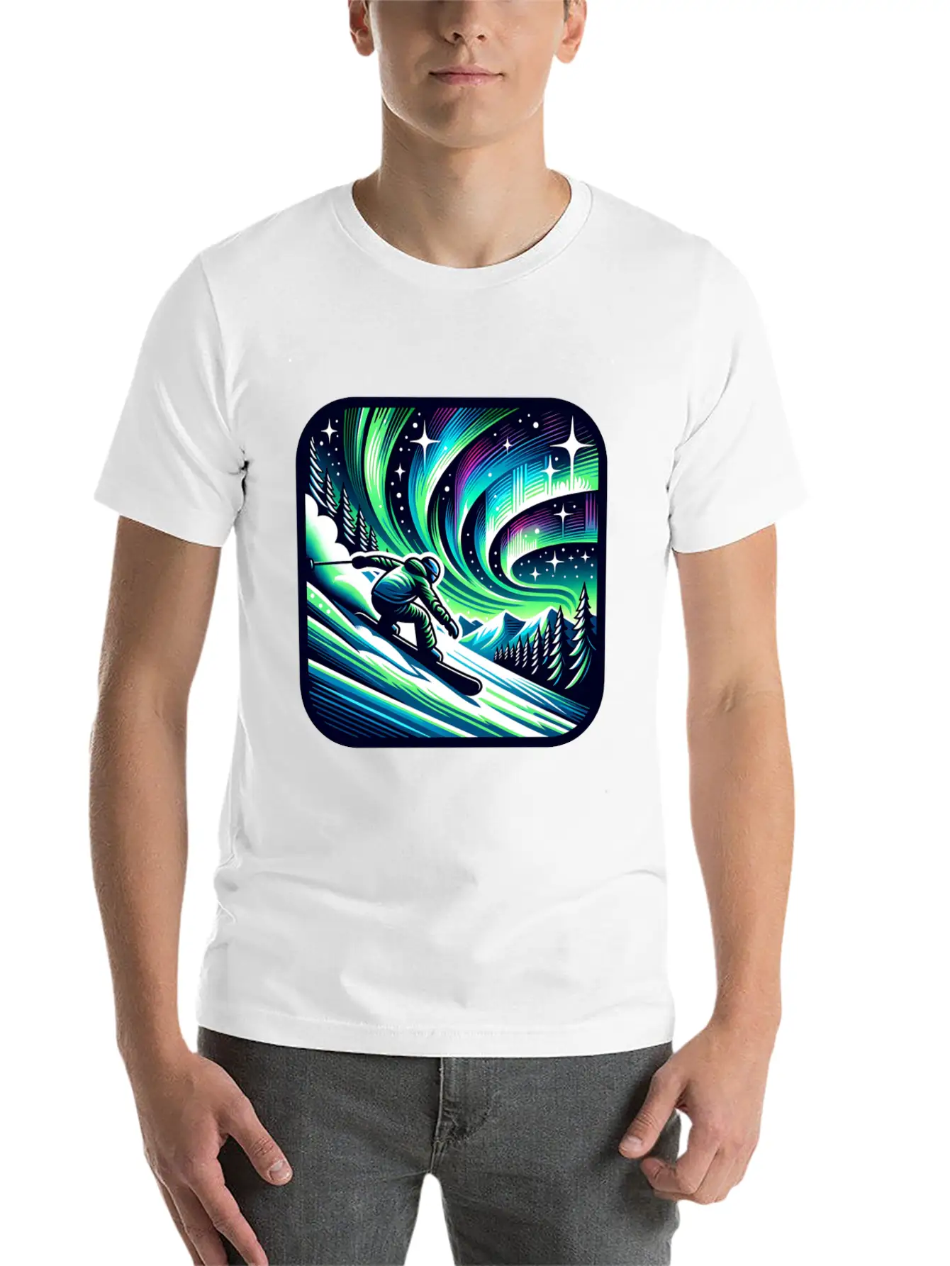 Skiing Under Northern Lights Adventure Unisex Casual T-Shirt – Clean Design For Daily Comfort