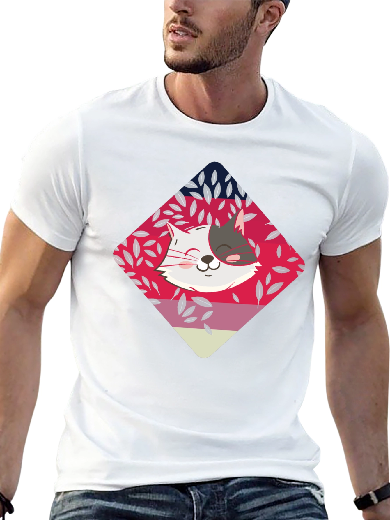 Cute Cat Graphic Tee - Black Cotton Blend T-Shirt