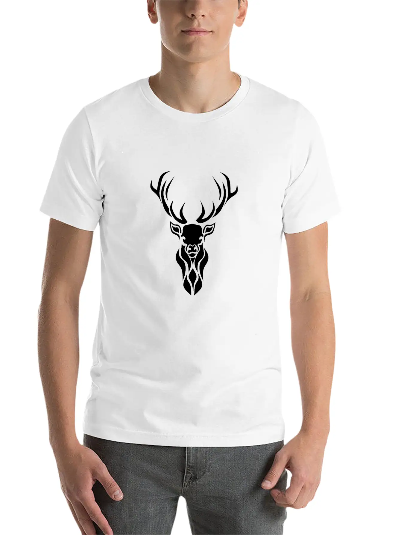 Tribal Black Stag Silhouette, Primitive Black Ink Unisex Casual T-Shirt – Clean Design For Daily Comfort