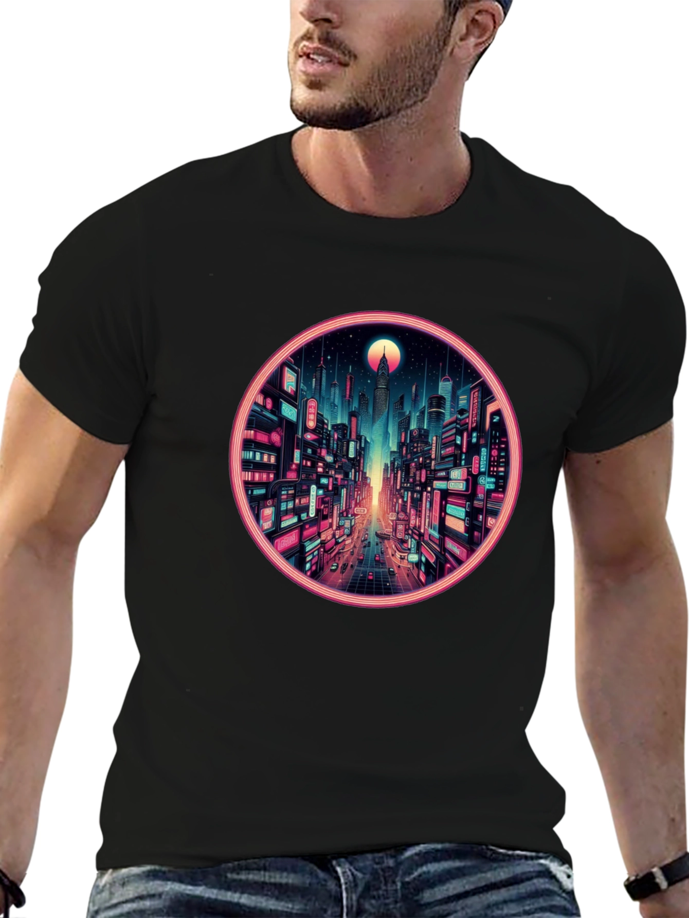 Cyberpunk Cityscape Graphic Tee - Retro Neon Design