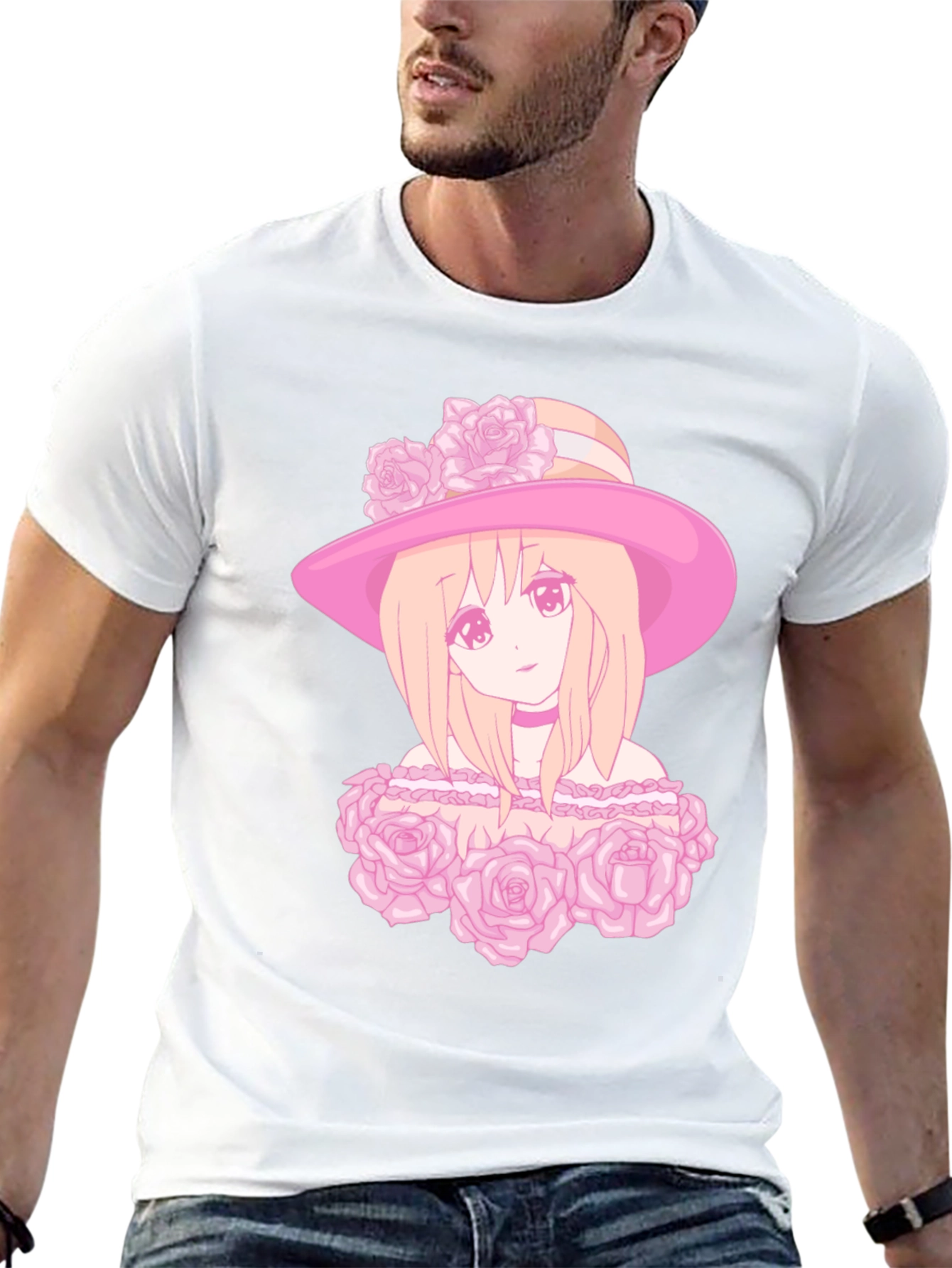 Anime Girl Rose Hat Graphic Tee