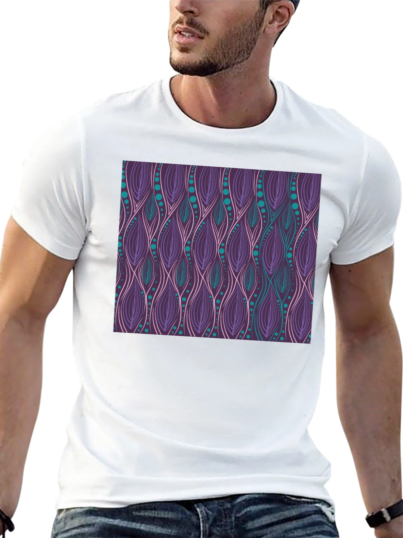 Patterned Tee: Stylish Purple & Teal Graphic T-Shirt