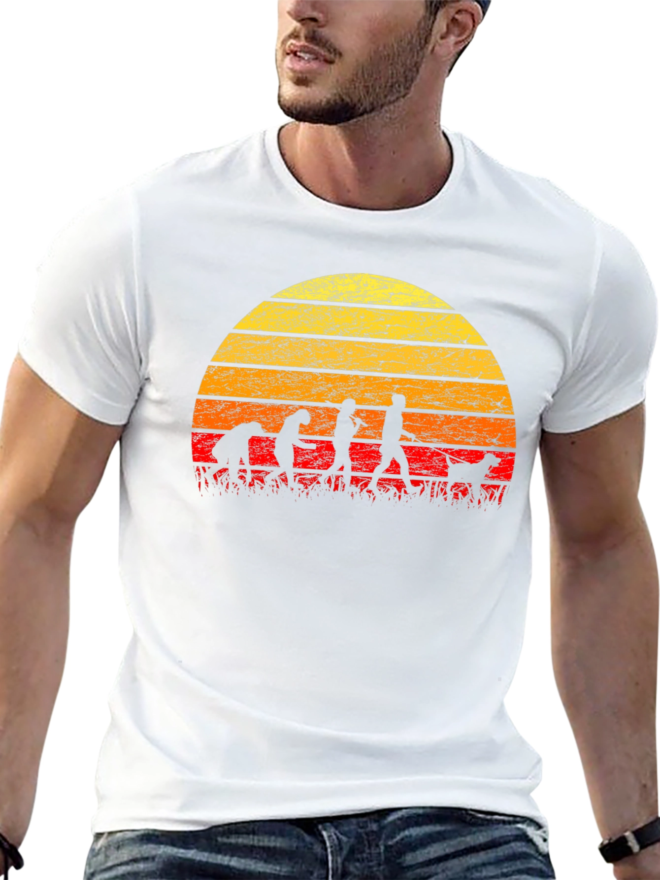 Evolution of Dog Walking T-Shirt - Retro Sunset Design