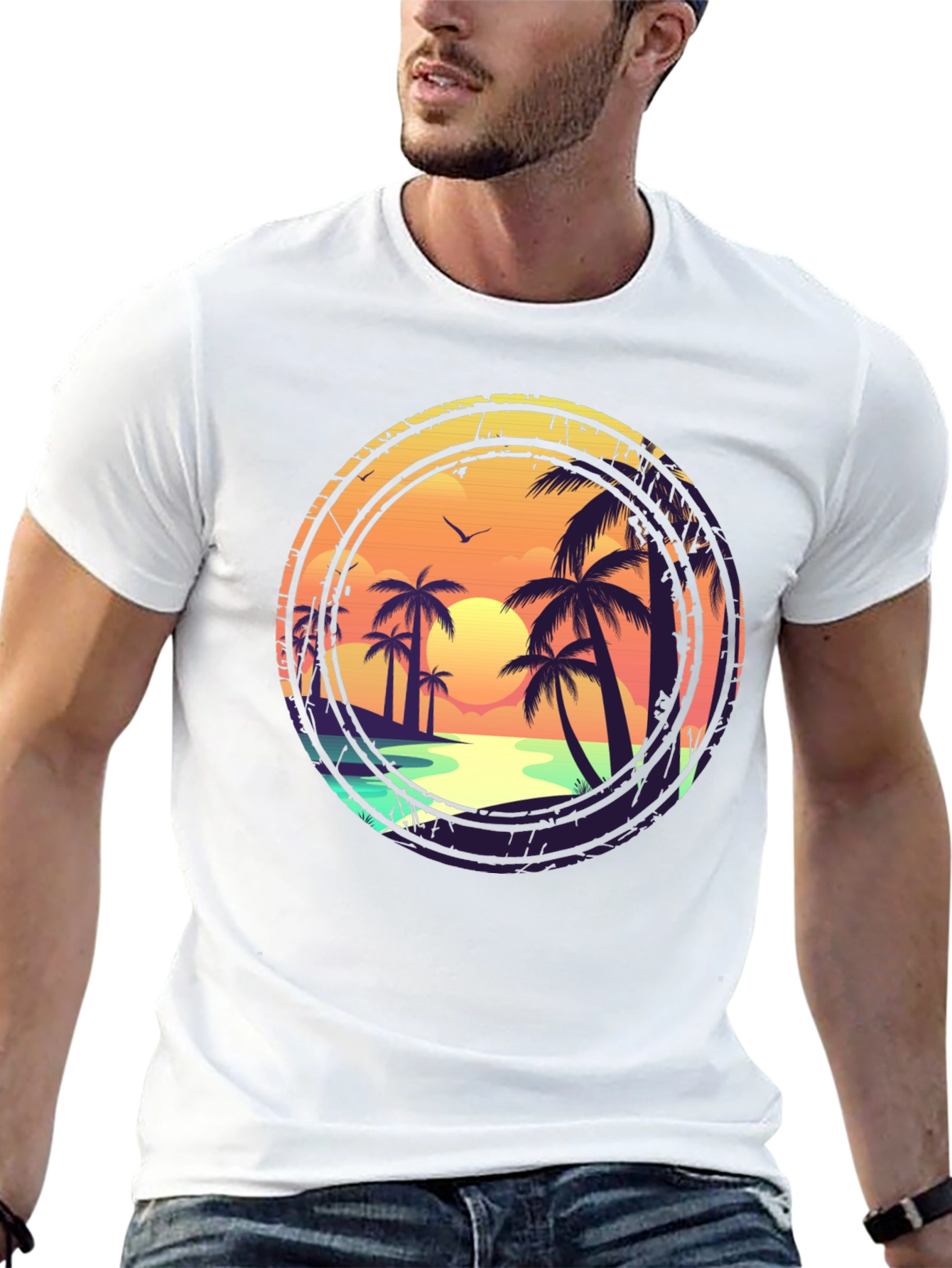 Sunset Beach Graphic Tee - Tropical Palm Tree Design